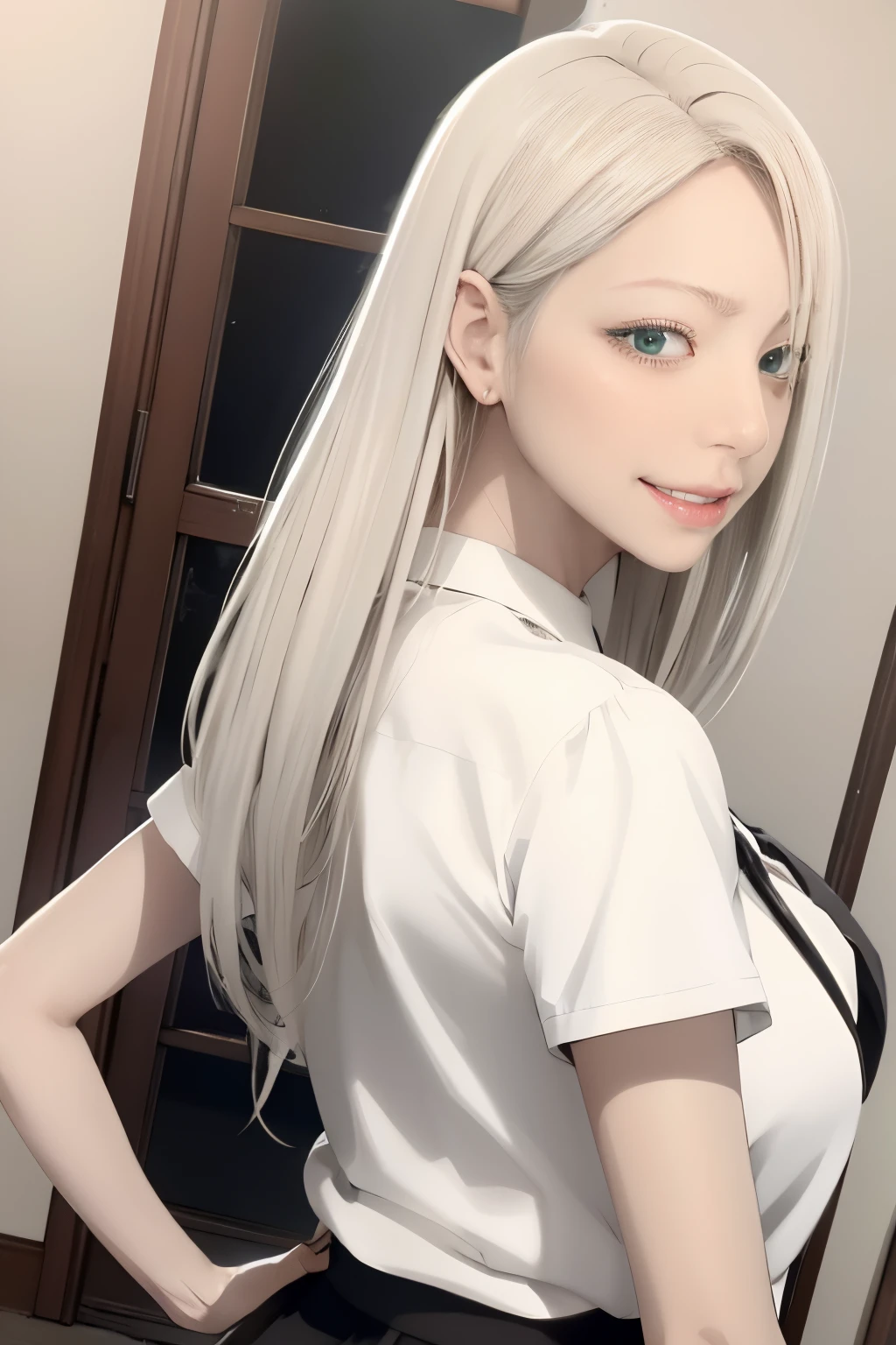 (masutepiece:1.2, Best Quality), (real picture, Intricate details), 1lady, Solo, Upper body, casual, Long hair, Minimal makeup, Natural fabrics, Close-up Face, Smile, Home, Long Light Platinum Blonde Hair, Bangs, Green eyes, Big breasts, Big butt, Skirt.