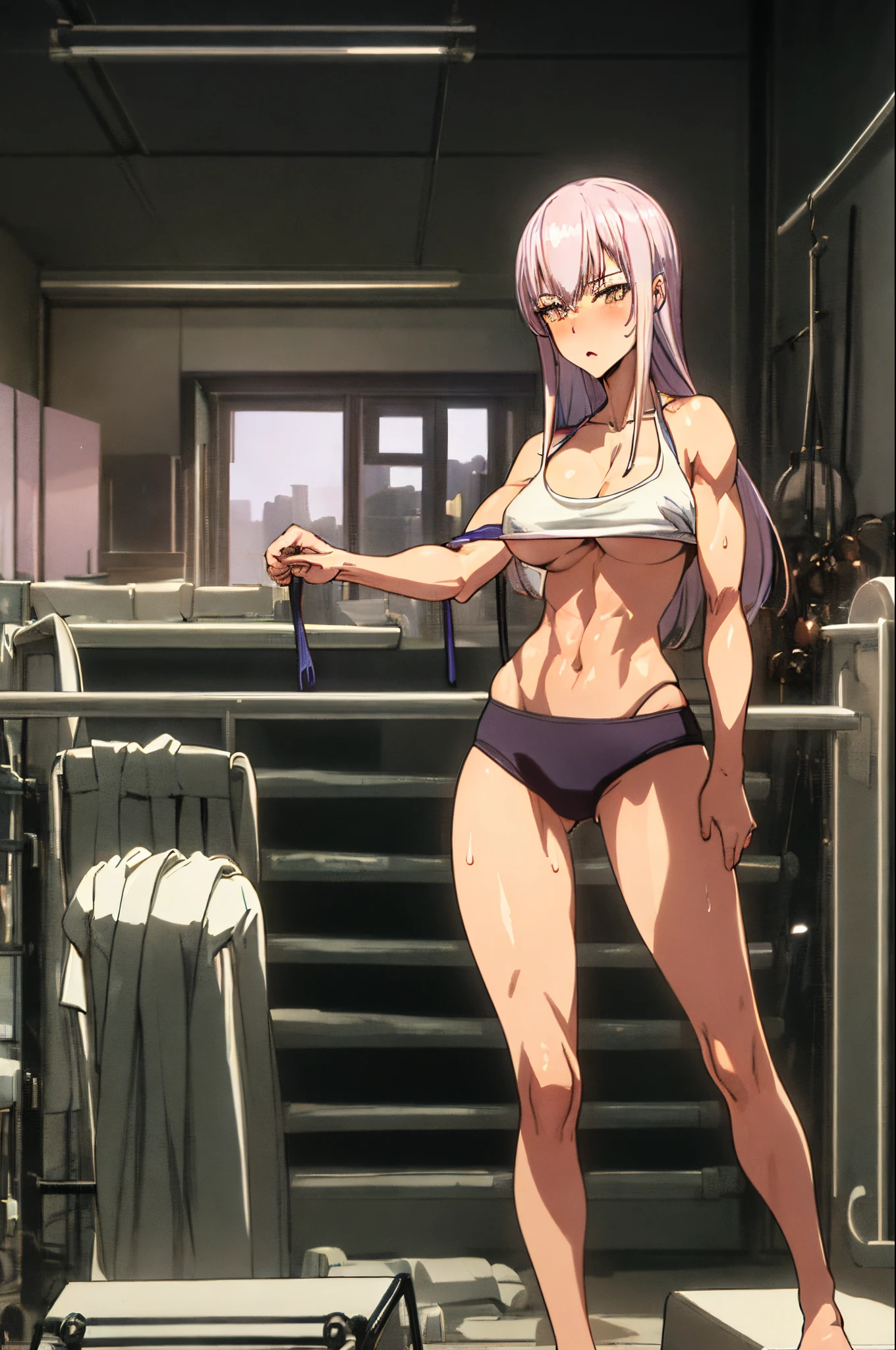 best quality, masterpiece:1.2, ultra-detailed, realistic:1.37, gymnasium store, 1 girl, looking back, vaulting horse, balls, vivid colors, sharp focus, professional lighting, fine painting, physical workout equipment, fitness accessories