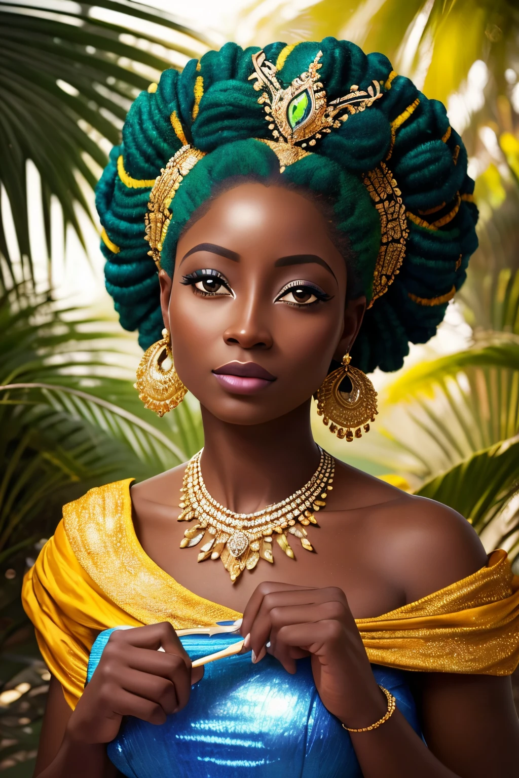 Retrato realista de uma mulher africana com pele castanha escura queimada pelo sol, cabelos longos:2
Encaracolado, ROUPAS DE PRINCESA, Cinderella long rococo style, Imagem intrigante, imagem limpa, Ao fundo, um belo lago, Cores brilhantes, cinematic shadows,