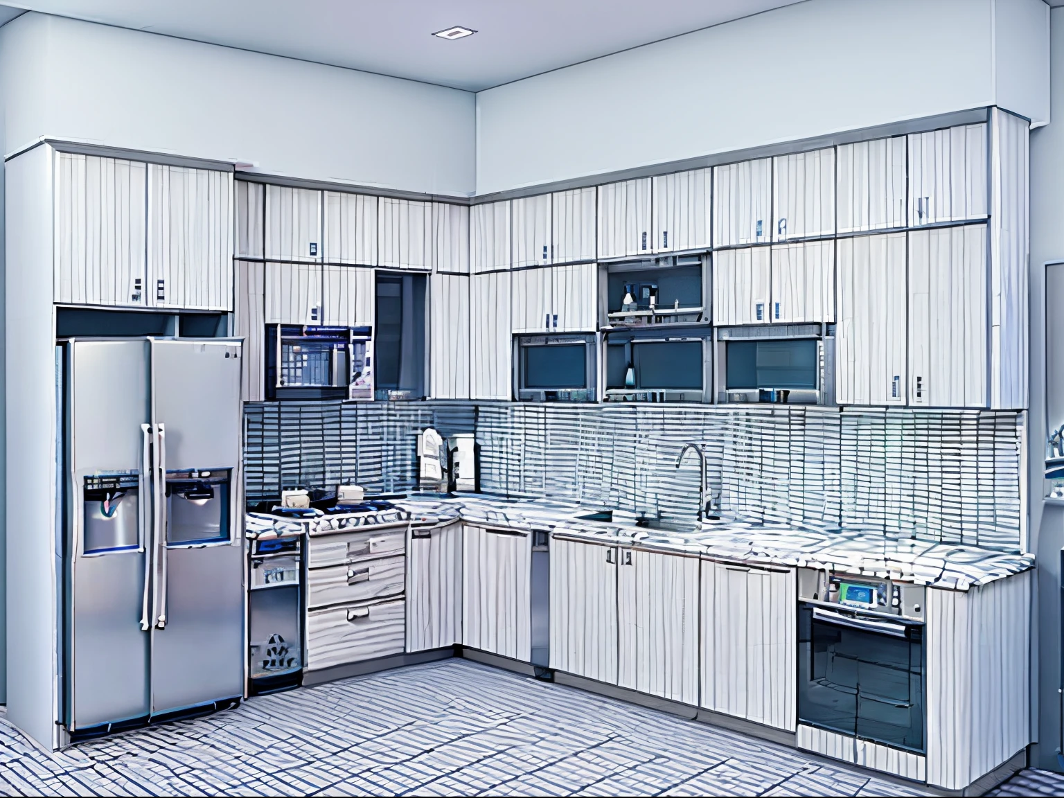 a rendering of a kitchen with a refrigerator, dishwasher, and microwave, kitchen, 2 d render, 3d design, 3 d design, 3 d render n - 9, render 3 d, 3d render, 3 d render, 3 d rendering, 3d rendering, with 3d render, with 3 d render, 3d render”, 3 drender