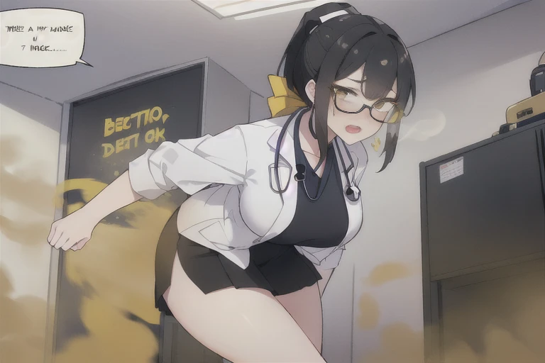 ((Blackhair ponytail))),wear the glasses,a stethoscope hung around her neck,Yellow smoke,Attacked by farts, Attack with Farts,)),(attacks the male patient with farts)),((wearing a tigh t short skirt and doctor shirt)),velocity,, (((Yellow smoke is rising ))),((Hip Attack)),((),((Facing this way))),​masterpiece:1.2、top-quality)、(the Extremely Detailed CG Unity 8K Wallpapers、ultra-detailliert、Best Shadows)、(细致背景)、(The best lighting、extremely delicate and beautiful)、depth of fields,((Girl fart)),(big fart),(((((There is a male patient and a female doctor.......))))),(((Female doctor attacks male patient in the face with a hip attack..))),(((high-handed female doctor)),(((A male patient who endures pain))),(her fart make male patient get cough),((big boob)),((big butt)),(,((fart text)),(THE TEXT:BBRRPPHHH)),((doctor room))