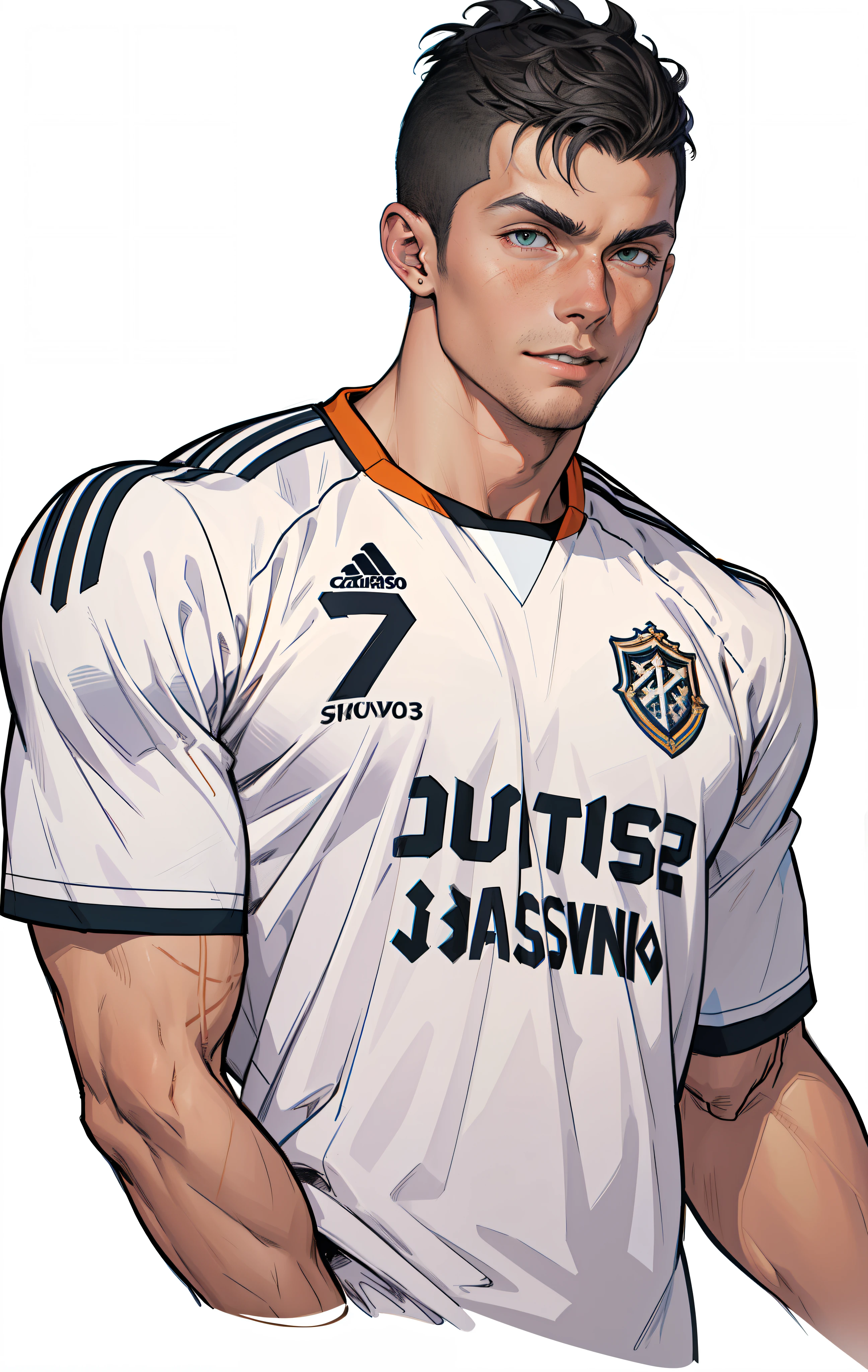 Close up of man wearing soccer uniform and holding soccer ball, Inspired by Sava Šumanović, official fan art, Portrait of Cristiano Ronaldo, 3D rendering of Jerma 9 8 5, Artwork inspired by Juraj Julije Klović, Kentaro Miura manga art style, Official Art, Bambino Bispo Master(Bambino Bispo Master)Inspired by.