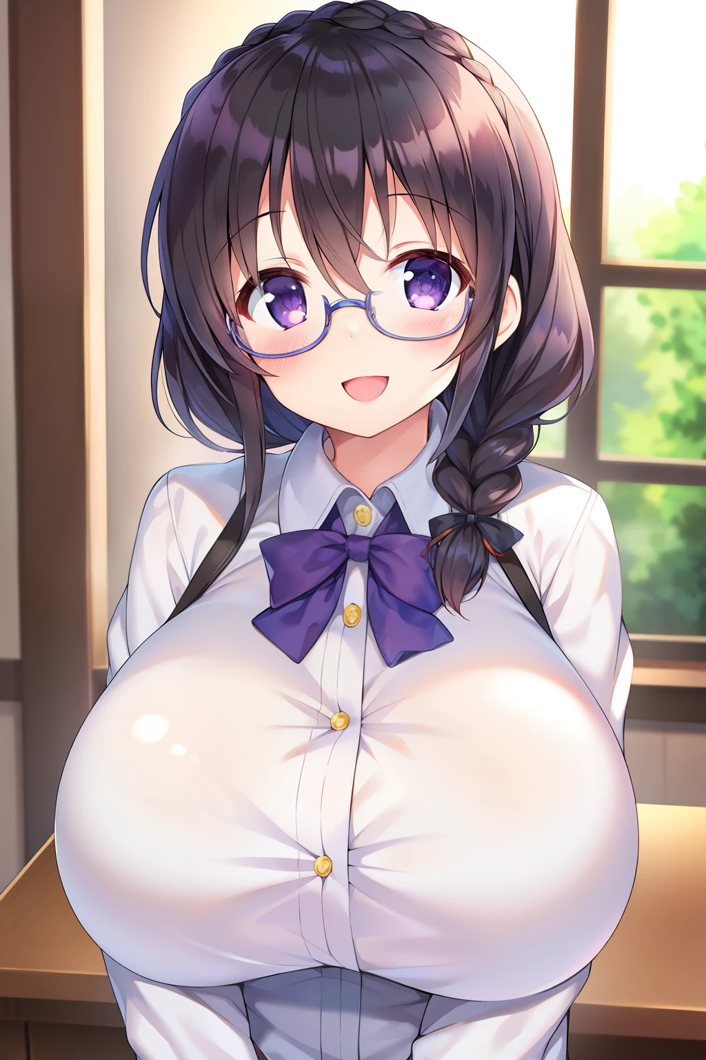 masterpiece, 1girl, huge breasts, black hair, braid, purple eyes, glasses, white shirt, upper body, looking at viewer, smile, :d, gochiusa face