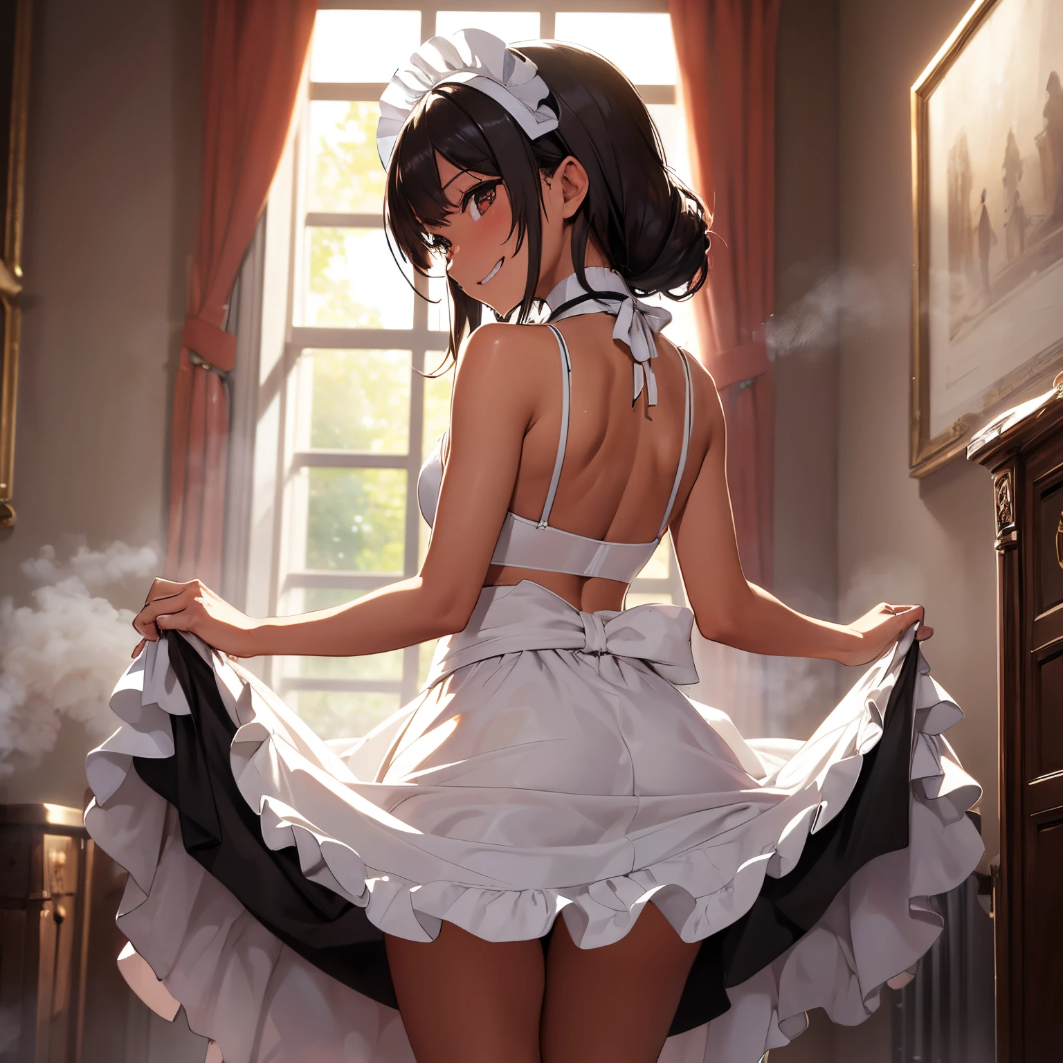 (master piece), (high resolution), (high light detail), from below, steaming body 1.2, tanned body, maid unifrom, maid skirt, chocker, evil grin, blurred backgound, sideview form behind,