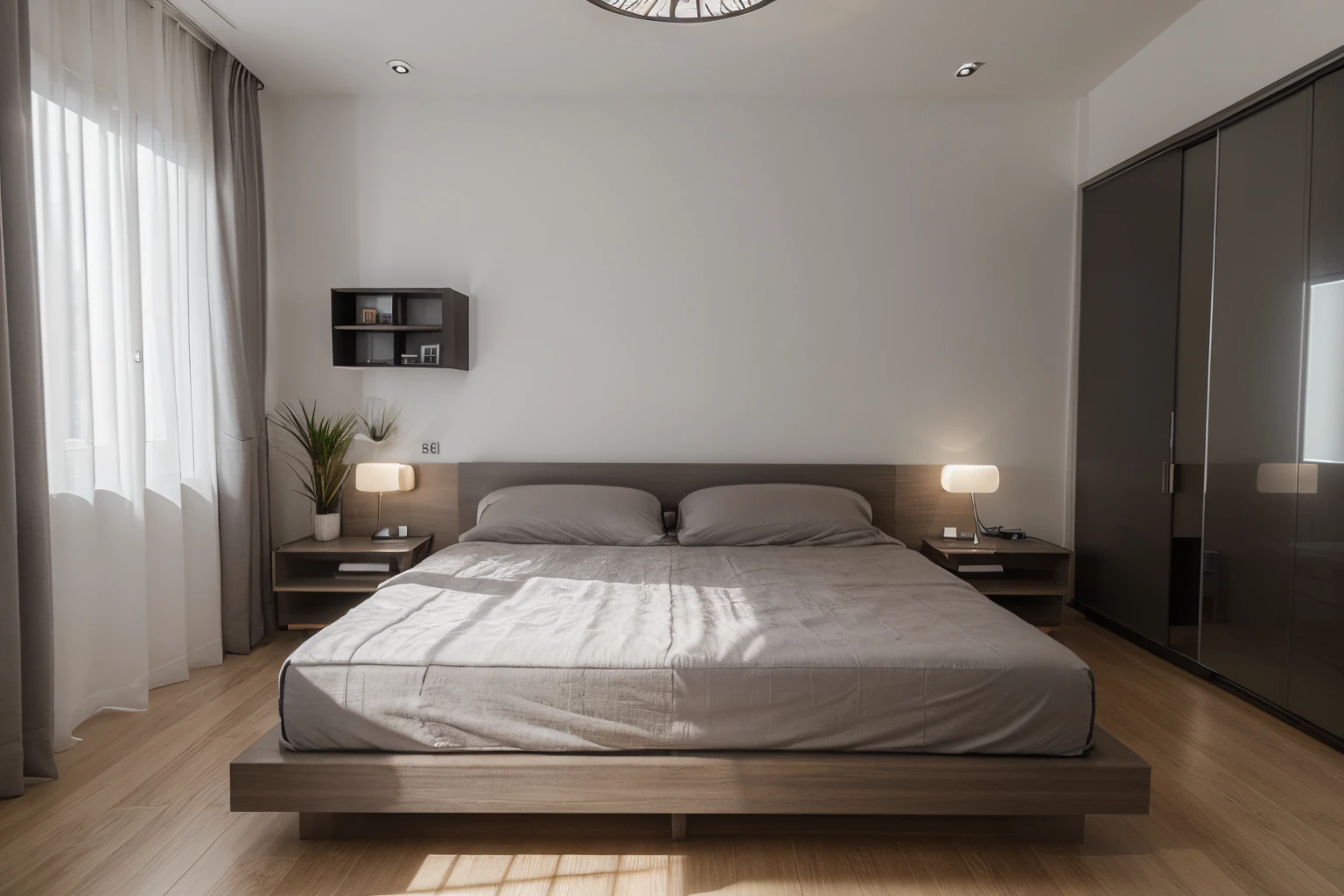 Vislumbre um ultramoderno, Double-use room that optimizes space and integrates advanced technology. Features of the compact room, wall-mounted smart bed that can be controlled through an app, elegante, Mesa flutuante com carregamento sem fio integrado, Janela de vidro inteligente que ajusta sua tonalidade com base na hora do dia. The style is ultra-modern, High-tech furniture, Smart lighting that syncs with your sleep cycle, and a monochrome color scheme. The composition is wide-angle, for the efficient use of space and technology. Use photographic hyperrealism, altamente detalhado, and high-resolution 16k. –AR 16:9 –V 5.2 – Raw Style