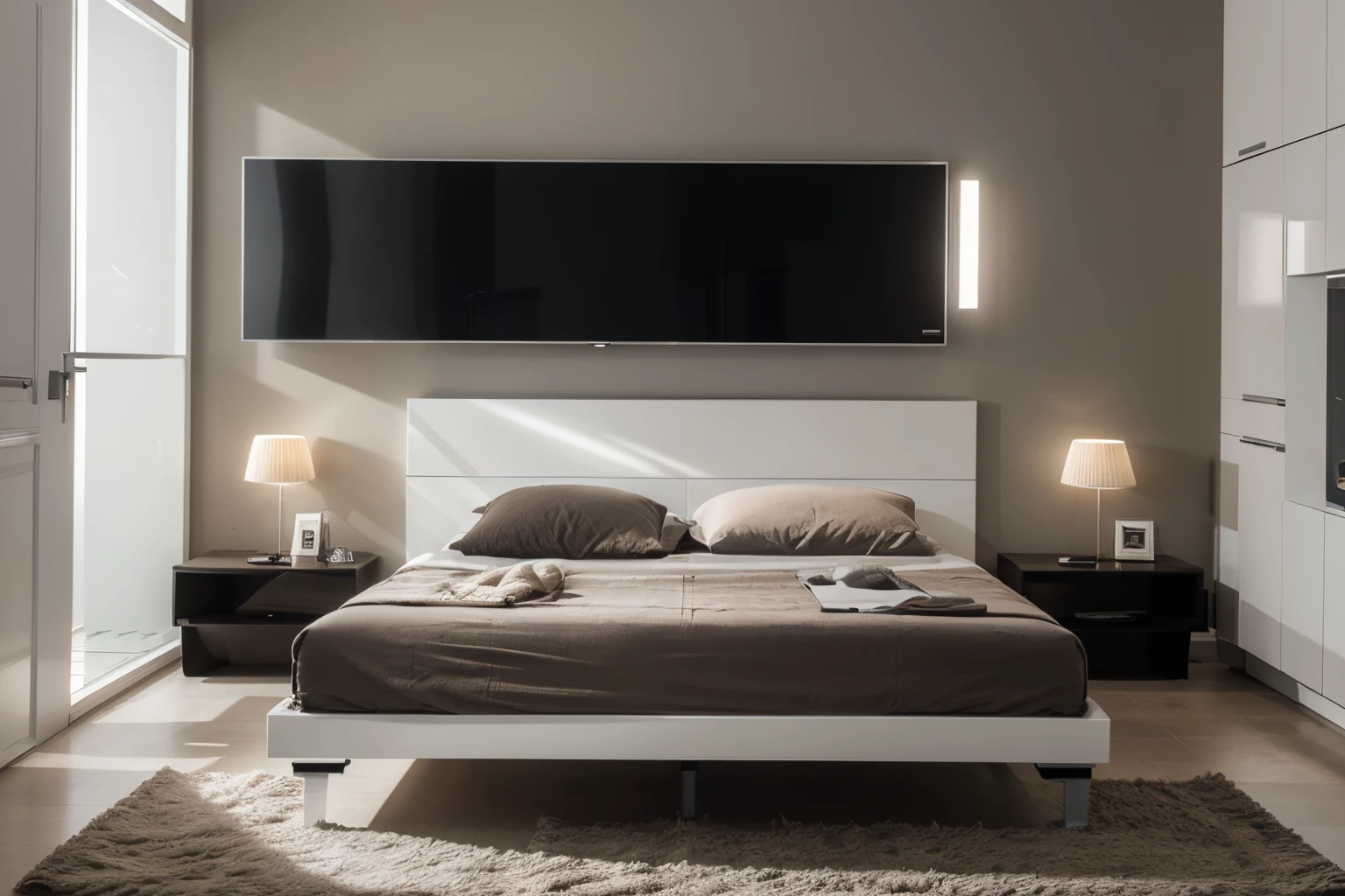 Vislumbre um ultramoderno, Double-use room that optimizes space and integrates advanced technology. Features of the compact room, wall-mounted smart bed that can be controlled through an app, elegante, Mesa flutuante com carregamento sem fio integrado, Janela de vidro inteligente que ajusta sua tonalidade com base na hora do dia. The style is ultra-modern, High-tech furniture, Smart lighting that syncs with your sleep cycle, and a monochrome color scheme. The composition is wide-angle, for the efficient use of space and technology. Use photographic hyperrealism, altamente detalhado, and high-resolution 16k. –AR 16:9 –V 5.2 – Raw Style