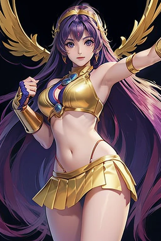 Saint Seiya、corpo inteiro, Athena、cabelo roso, CG.alto detalhe、Super Bonito、delicado、bikini type armor, seios enormes, Very high degree of perfection、face frontal、Cruz de Deus