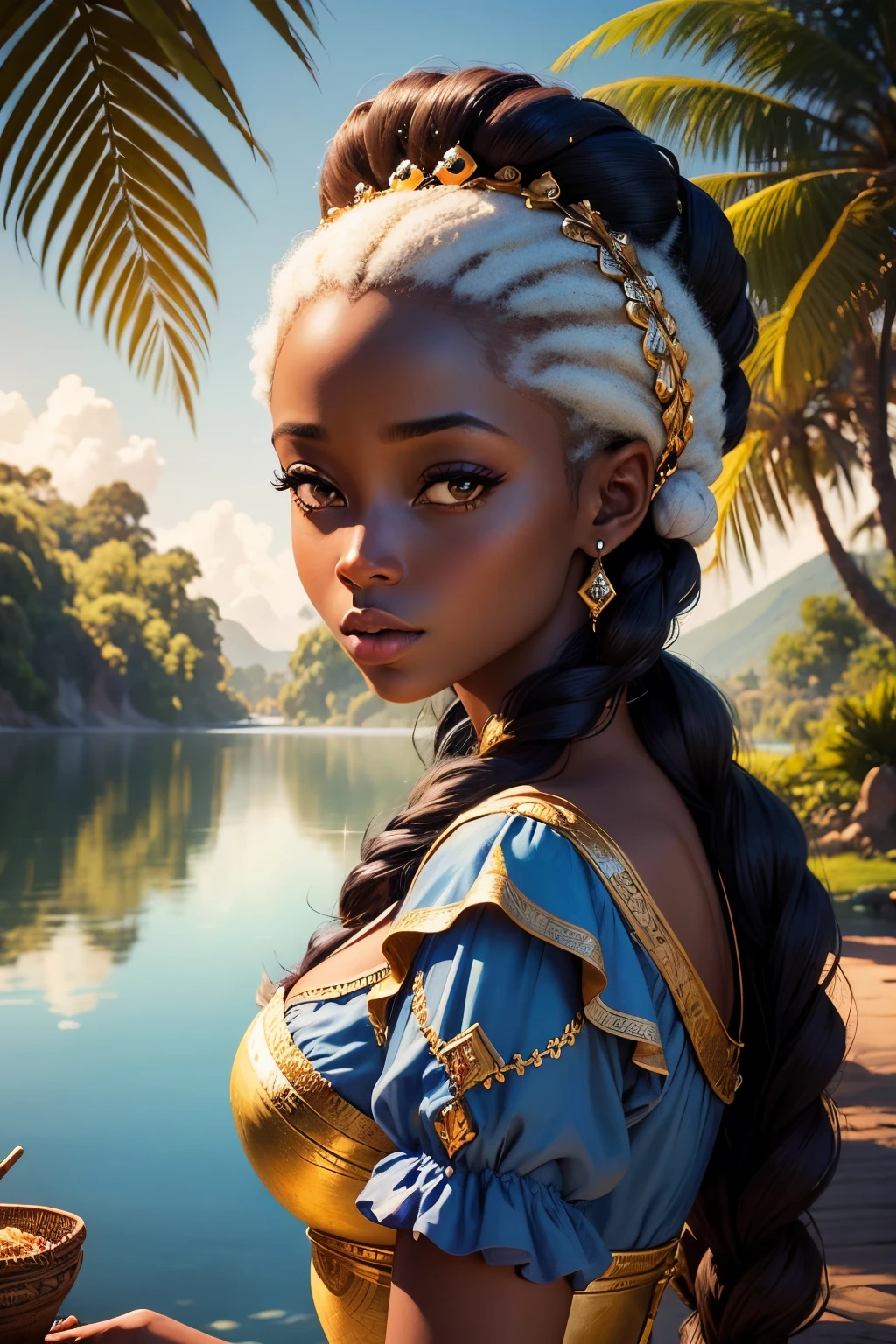 Retrato realista de uma mulher africana com pele castanha escura queimada pelo sol, cabelos longos:2
Encaracolado, ROUPAS DE PRINCESA, Cinderella long rococo style, Imagem intrigante, imagem limpa, Ao fundo, um belo lago, Cores brilhantes, cinematic shadows,