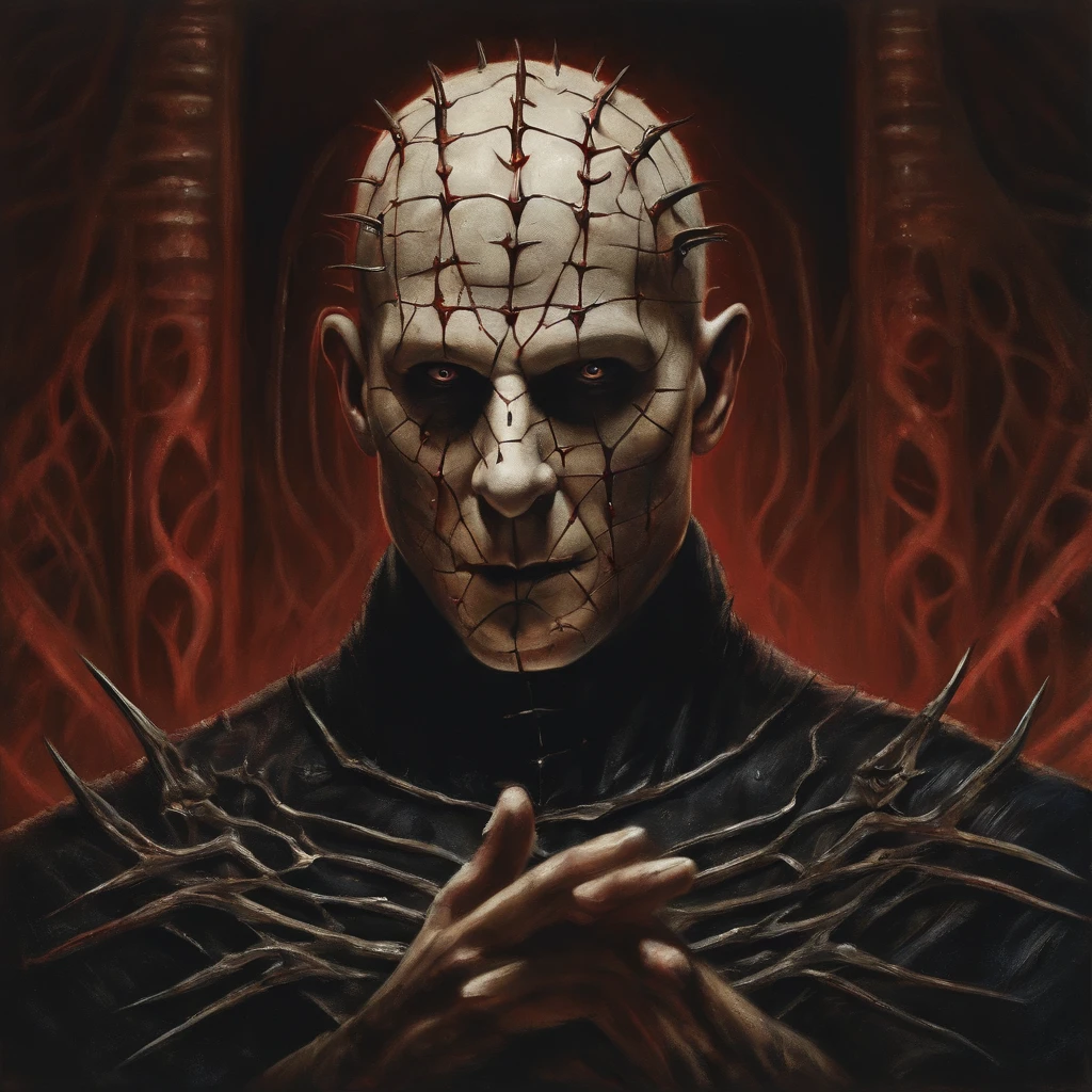 A painting of pinhead, hell raiser , carnage, Sci - Horror Art of Fiction, Science fiction horror artwork, inspired by Clive Barker, Horror fantasy art, Horror concept art, venin, Art fantastique et horreur, Detailed illustration of 4K horror, hellraiser, Dark Fantasy Horror Art
