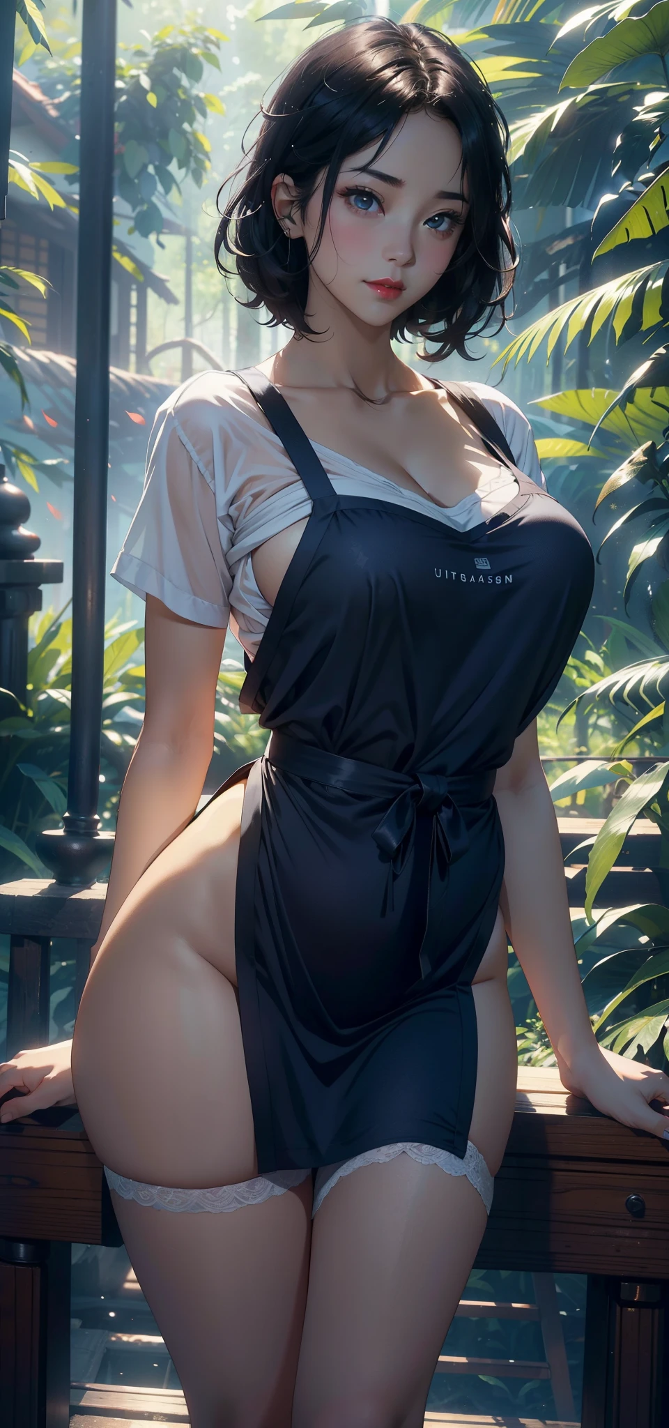 1female，25 age old，Large breasts，long leges，big chest and thin waist，a little bit chubby， photo exposure， 独奏，（Background with：at a forest，the rainforest，in summer） She has short black hair，The stands up，seen from the front， curlies， The sky is mostly cloudy，（（（tmasterpiece），（Very detailed CG unified 8k wallpaper），Best quality，电影灯光，detailed back ground，beautidful eyes，Bright pupils，（very delicate beautiful），（Beautiful and detailed eyes description），ultra - detailed，tmasterpiece，）），facing at the camera，A high resolution，ultra - detailed），Redlip，Expose breasts exposed，Bare genitals， Camel toes，Female secretary（dressed in：Blue see-through shirt，Sexy apron）nakeness，