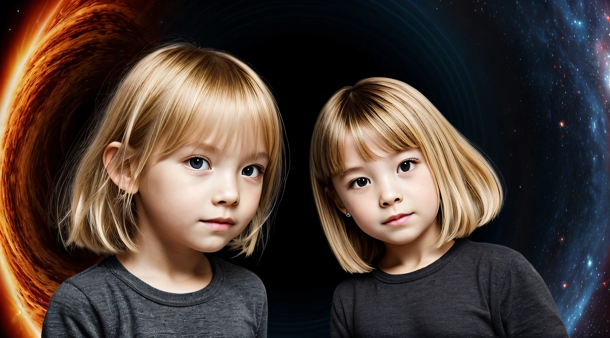 BLACK HOLE, there are two CHILDREN girls BLONDE HAIR in front