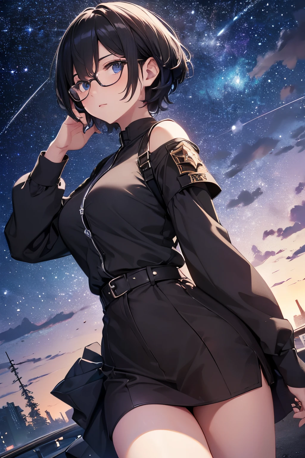(best quality,4k,8k,highres,masterpiece:1.2),ultra-detailed,realistic,girl,black short hair,glasses,alluring,star sky,dark background,soft lighting,vivid colors,portrait
