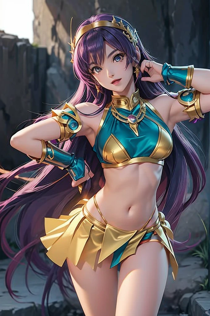 Saint Seiya、corpo inteiro, Athena、cabelo roso, CG.alto detalhe、Super Bonito、delicado, micro bikini armor, seios enormes, Very high degree of perfection、face frontal、Cruz de Deus