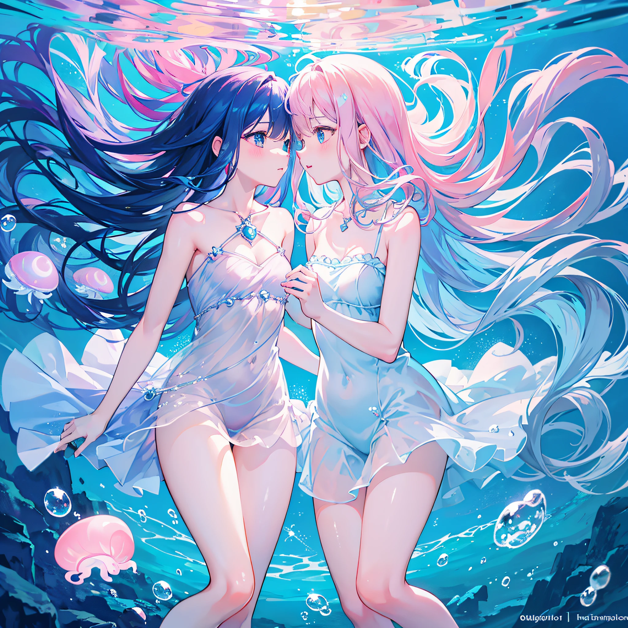 (best quality,ultra-detailed,realistic),blue and pink color palette,soft lighting,underwater environment,floating jellyfish,playful expression,flowing hair,childhood innocence,vibrant colors,subtle glow,gentle waves,sparkling bubbles,golden sunlight,two girls kiss.