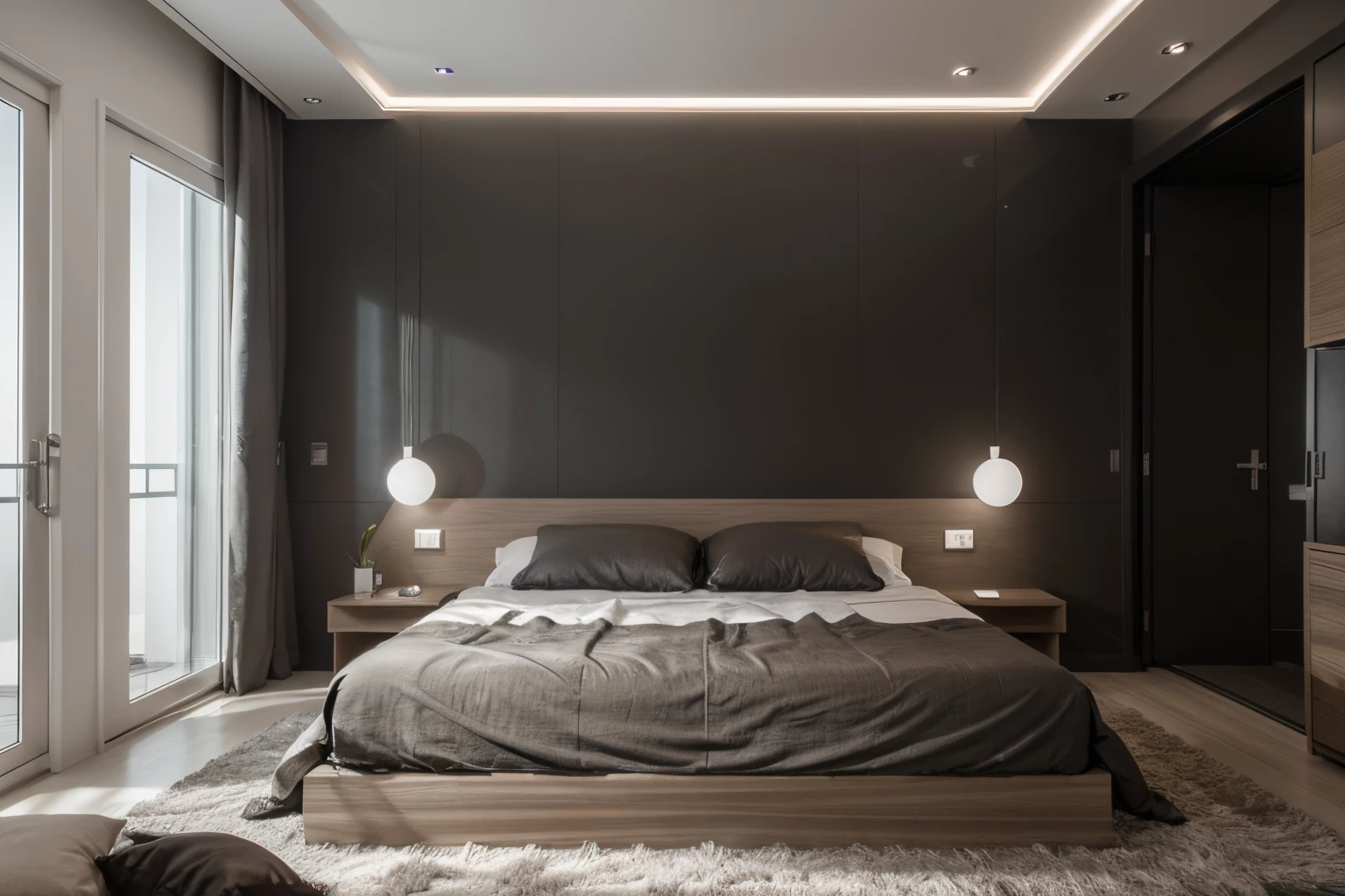 Vislumbre um ultramoderno, Double-use room that optimizes space and integrates advanced technology. Features of the compact room, wall-mounted smart bed that can be controlled through an app, elegante, Mesa flutuante com carregamento sem fio integrado, Janela de vidro inteligente que ajusta sua tonalidade com base na hora do dia. The style is ultra-modern, High-tech furniture, Smart lighting that syncs with your sleep cycle, and a monochrome color scheme. The composition is wide-angle, for the efficient use of space and technology. Use photographic hyperrealism, altamente detalhado, and high-resolution 16k. –AR 16:9 –V 5.2 – Raw Style