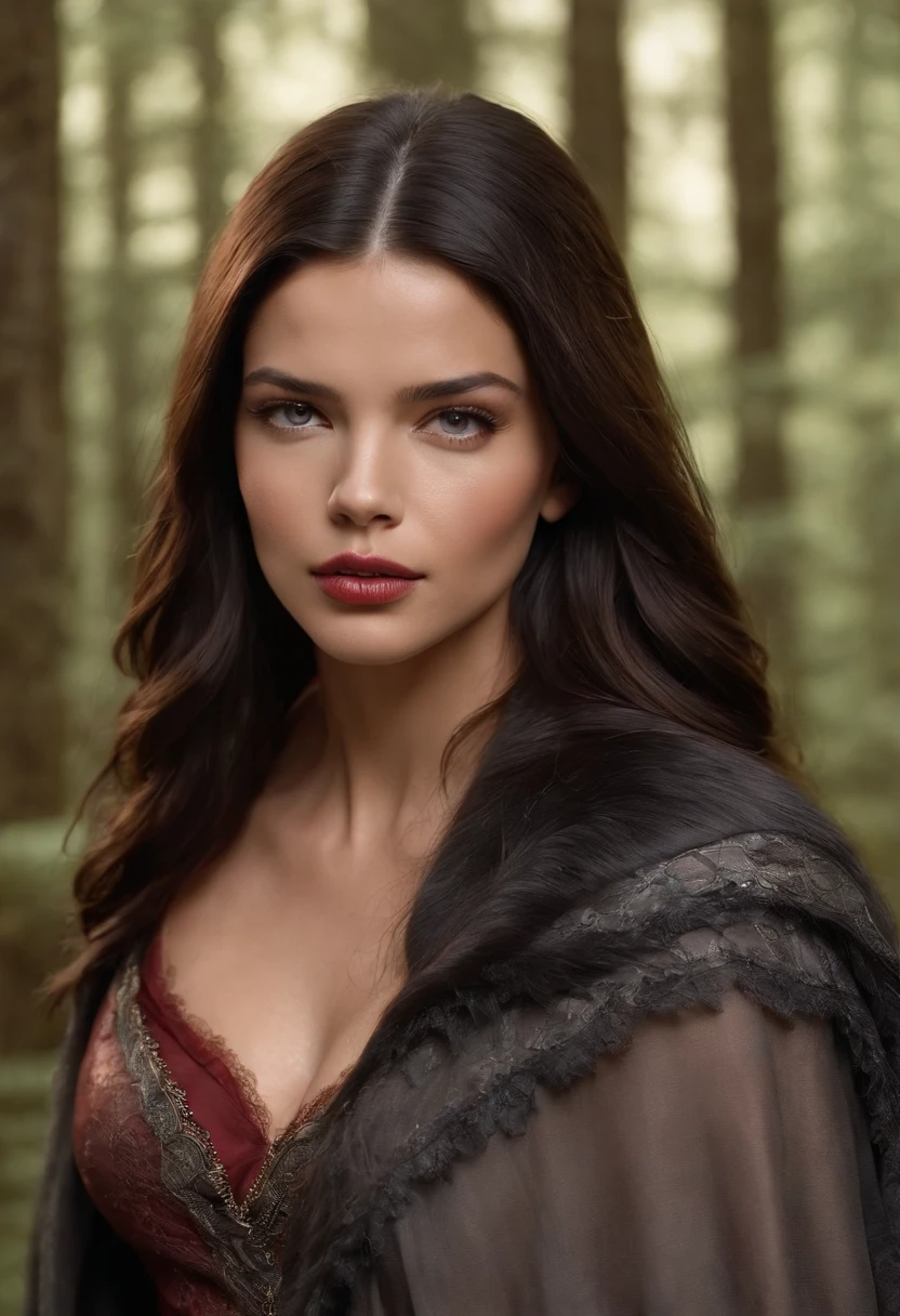 Adriana Lima is Little Red Riding Hood standing on a narrow path in the forest. She is wearing her iconic red hood but with vinyl suit. Dramatic sunlight penetrates through the brenches of tall dark trees, creating patterns of shadow on the ground. A soft mist envelops the trees in the background, giving the scene a creepy and horror feel. 100% Adriana Lima face, Perfect beauty, 8k, ultra realistic very sexy, high definition, a Black Wolf walking with her emotional photo, long messy hair, Adriana Lima face, perfect teeth, 8k uhd, high quality, film grain, looking at viewer, portrait, (skin pores:1.2), (moles:0.8), intricate details, ((photorealistic):1.1), (raw, 8k:1.2), hyper realistic, HDR, cinematic, dark, muted colors, atmosphere, ((macro lens)), after dusk
RAW analog 3/4 photo portrait, Photorealistic, Hyperrealistic, Hyperdetailed, detailed skin, soft lighting, subsurface scattering, realistic, heavy shadow, masterpiece, best quality, ultra realistic, 8k, golden ratio, Intricate, High Detail, film photography, soft focus