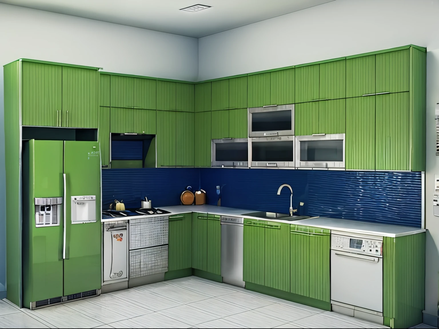 a rendering of a kitchen with a refrigerator, dishwasher, and microwave, kitchen, 2 d render, 3d design, 3 d design, 3 d render n - 9, render 3 d, 3d render, 3 d render, 3 d rendering, 3d rendering, with 3d render, with 3 d render, 3d render”, 3 drender