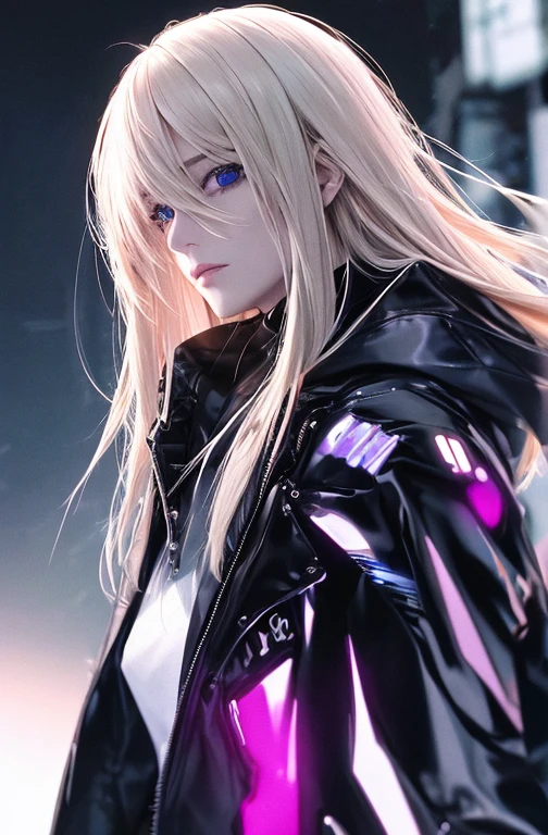 Best quality at best, tmasterpiece, The upper part of the body,
maam,
windswept blonde hair,
eyes with brightness,
Cyberpunk style,