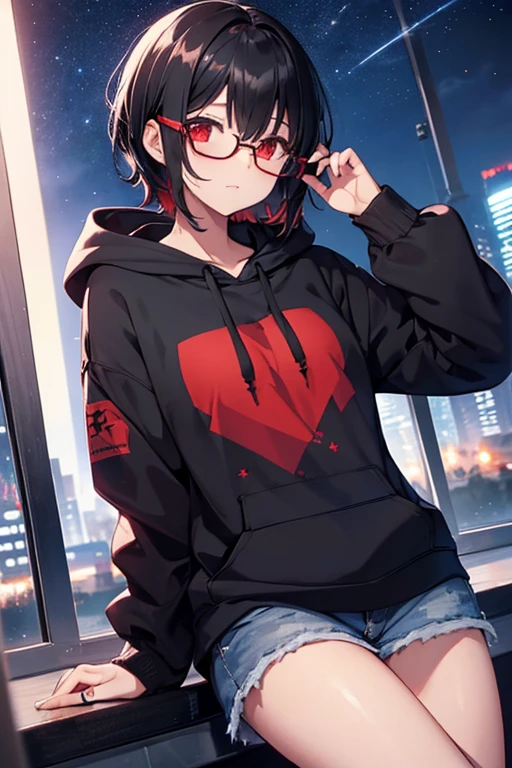girl, black short hair, red eyes, glasses, star sky, alluring, night theme, hoodie