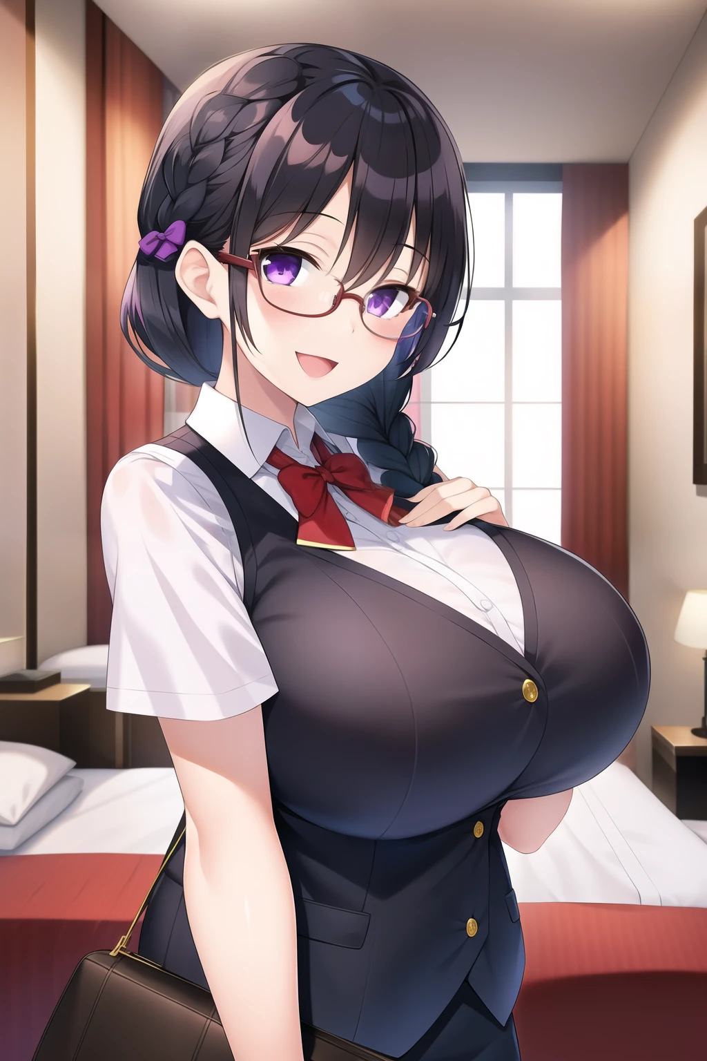 masterpiece, 1girl, huge breasts, black hair, braid, purple eyes, glasses, vest, hotel room, upper body, looking at viewer, smile, :d, stand