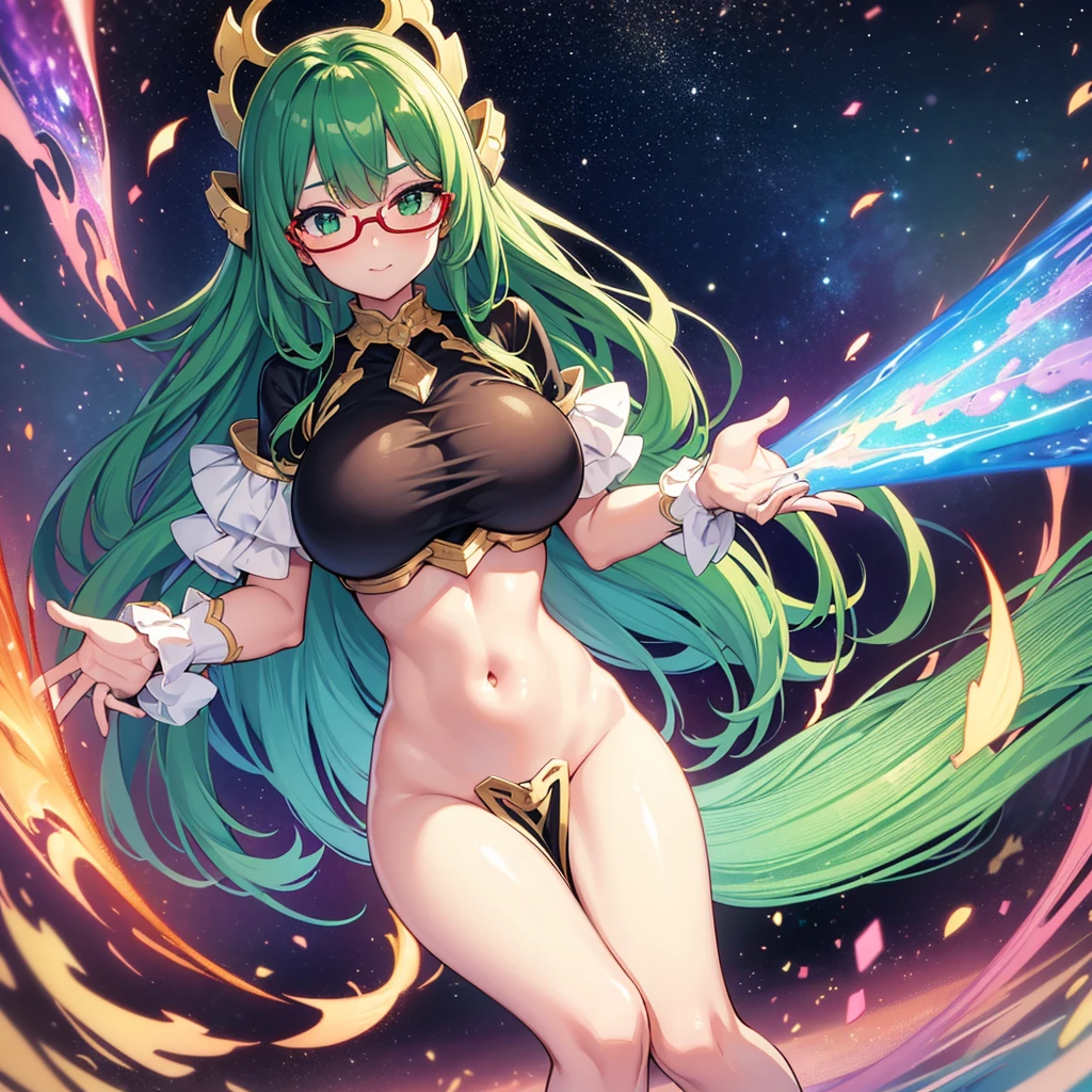 1girl in, rainbow colored cosmic nebula background, (Meteor swarm), intergalactic, Intricate details, Perfect face, ((Emerald green hair)), Straight long hair, Green eyes, Anime beautiful girl wearing a red uniform, a miniskirt, Absolute area, A slight smil, Perfect Anatomy, Perfect face:1.1), (thin frame red glasses),((Huge breasts!!!!!!)),(huge-breasted!!!!) (Full body shot), Looking at Viewer, Ultra-high definition, Extremely detailed illustration, Smooth, Very perfect pixel, Seductive,venusbody,  cleavage cutout