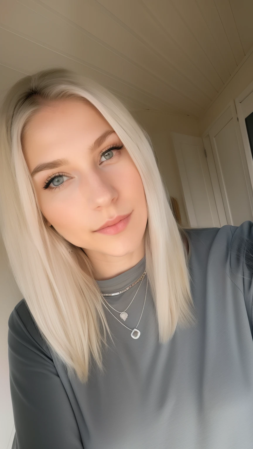 blond woman with long hair and necklaces taking a selfie, aurora aksnes, aleksandra waliszewska, perfect white haired girl, white blonde hair, blonde and silver hair, pale hair, white - blond hair, ash blond hair, extremely pale blond hair, platinum blonde hair, her hair is white, bleach blonde hair, headshot profile picture, light grey hair