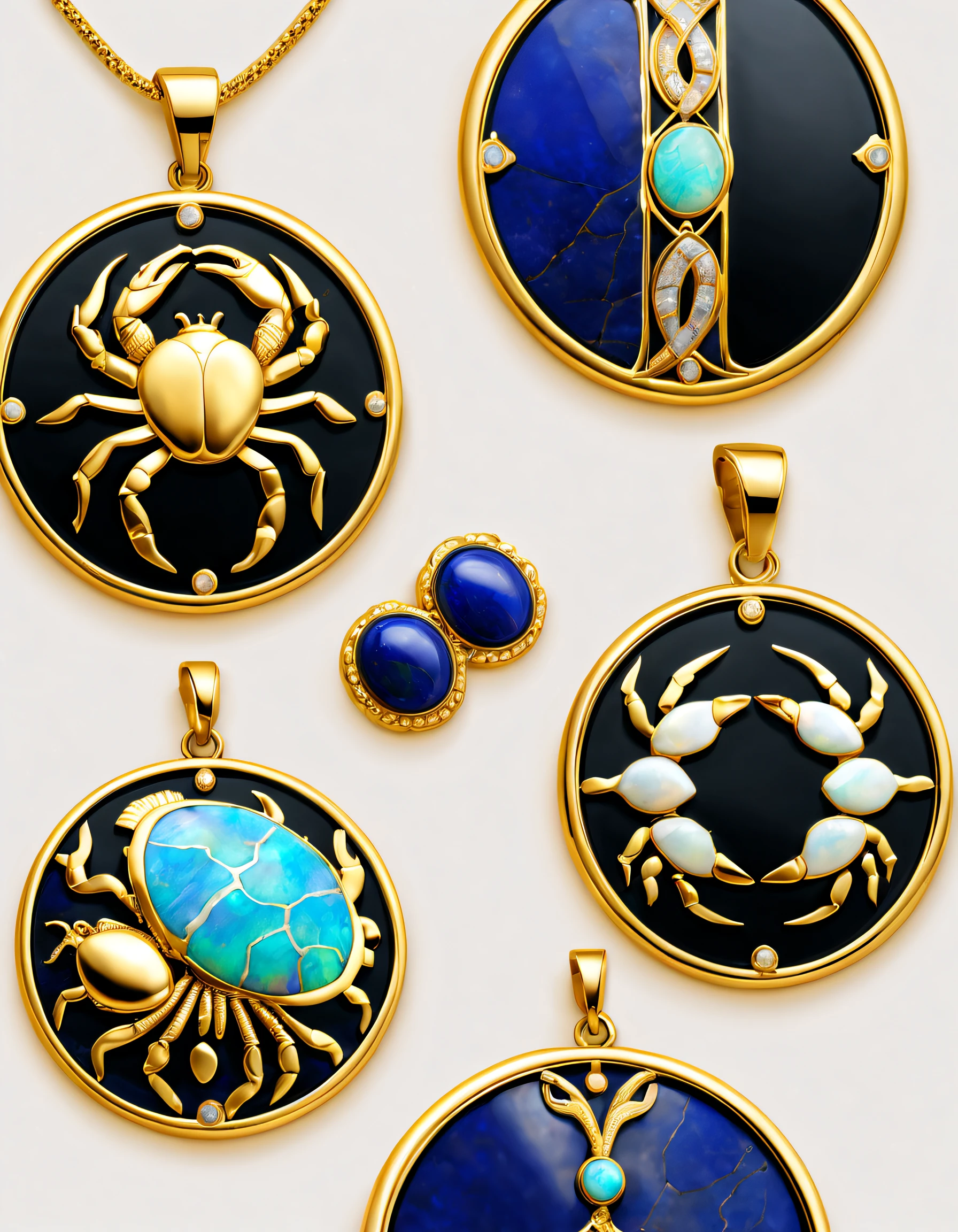 Item design, pendant design, Logo design, (A pendant design for Cancer), (Set double opal), Black gold border, lapis lazuli,turquesa,black shell,Cancer symbol, Golden little crab, Van Cleef & Arpels & alpes , cartier, Background with: The white,The content is very detailed, Best quality, tmasterpiece, A high resolution, hyper realisitc, 8K, Cyclic lighting,