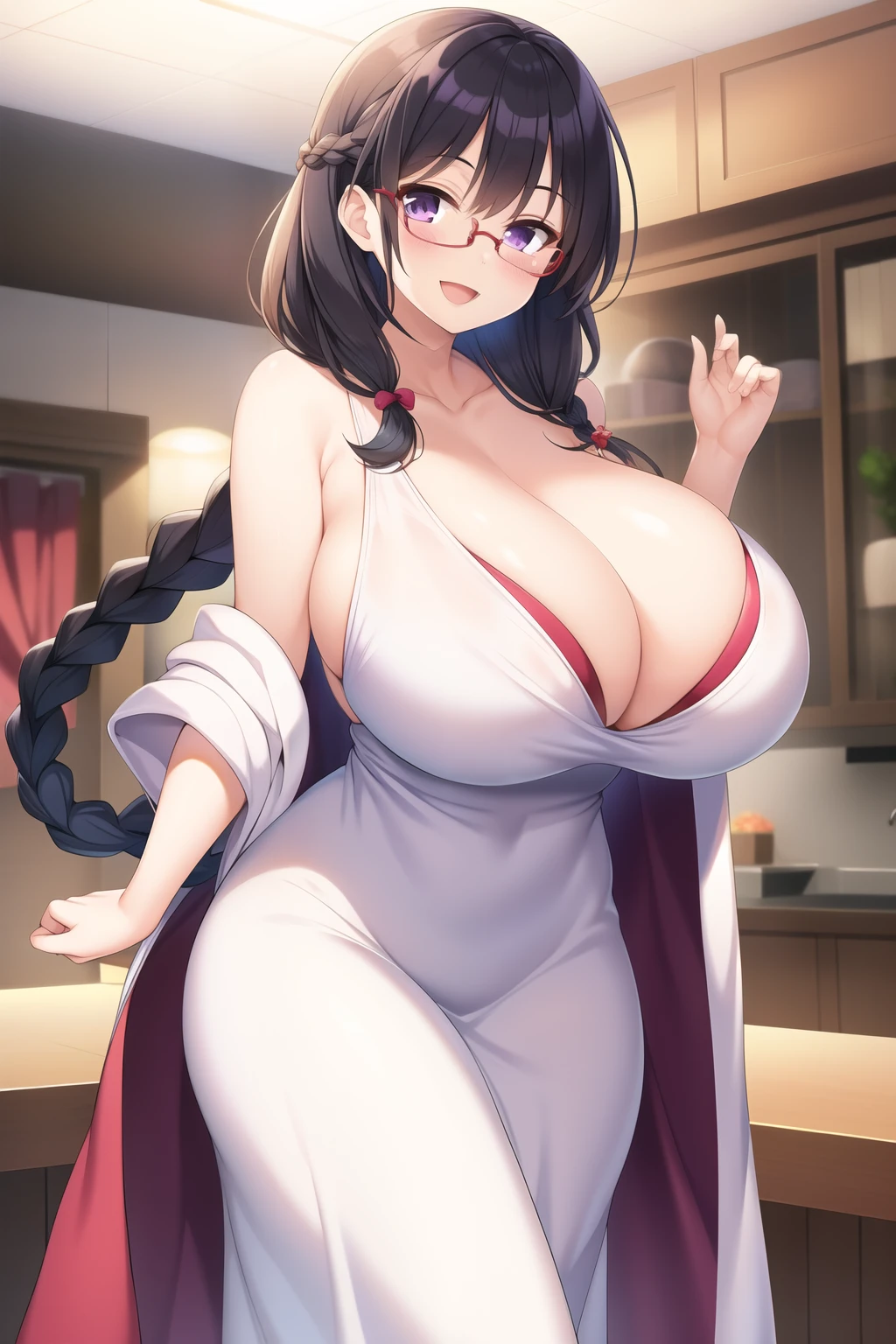 masterpiece, 1girl, huge breasts, black hair, braid, purple eyes, glasses, robe, looking at viewer, smile, :d, stand
