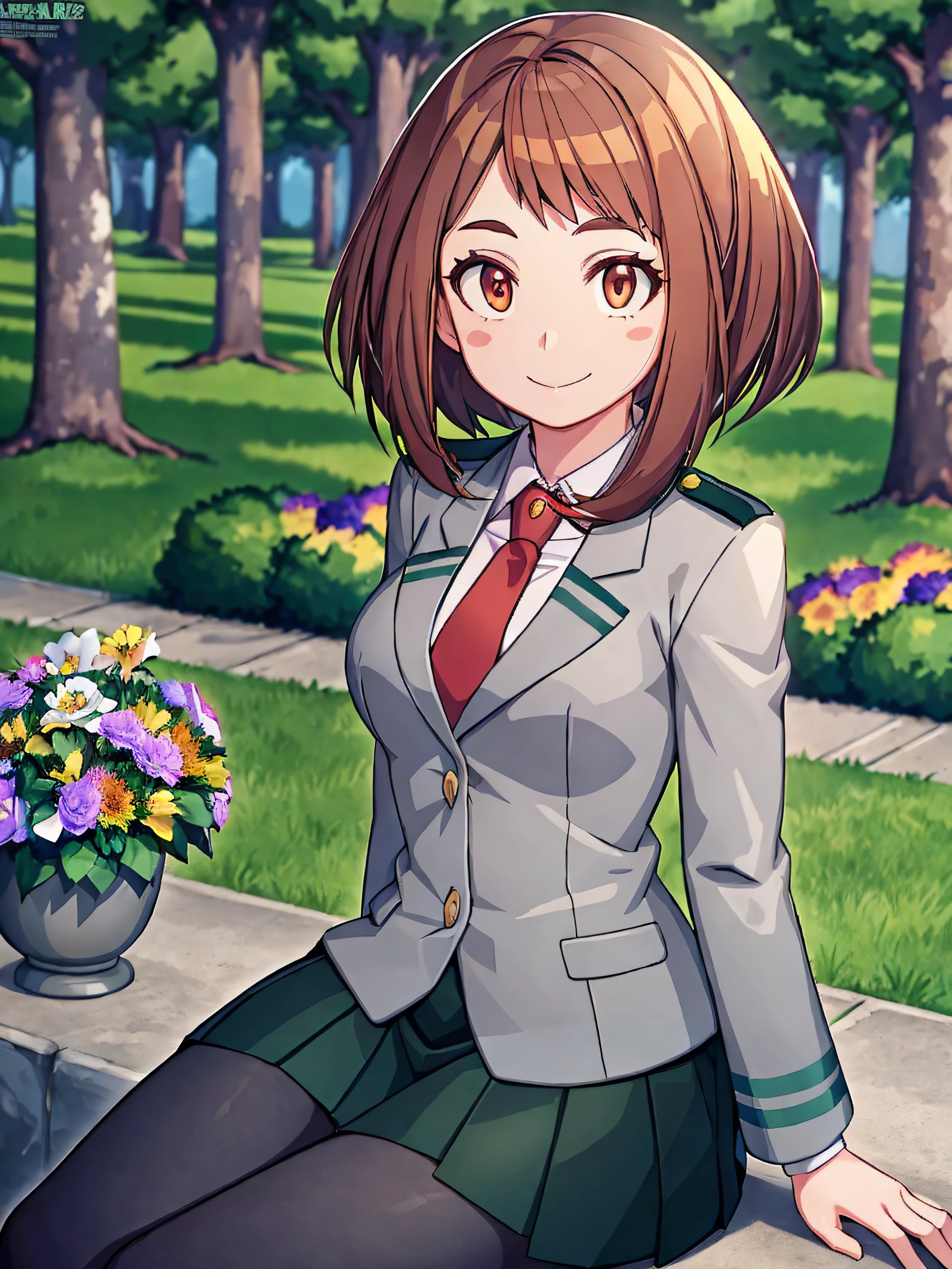 a beautiful and detailed character portrait of ochako, brown hair, school uniform, pantyhose, green skirt,grey coat, tie, , smile, trees, ((flowers)), bushes,solo, cinematic lighting, shaded, sit, park