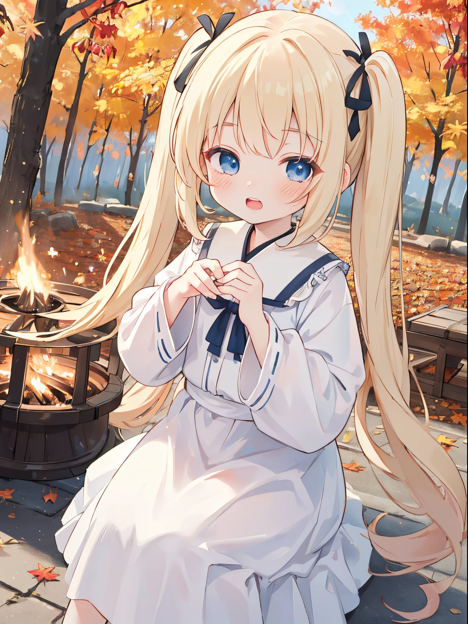 ((4K, master piece, Best Quality)), s,pale blond hair, Blue eyes,very long twintails,Laugh,double tooth,Closed eyes,Looking at Viewer,Lens Flare, autumn, camp, bonfire