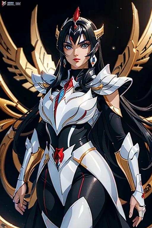 here is an adult European woman in a Penguin Armor , Saint Seiya , Penguin Black and White Armor, Dark hair, red lips, Eye shadow, natural makeup, long curved hait, beautiful chest, Second Life Avatar, Beautiful screenshot, Second Life, attractive woman, high quality, highly detailed skin, dynamic pose