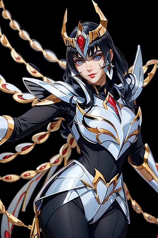 here is an adult European woman in a Penguin Armor , Saint Seiya , Penguin Black and White Armor, Dark hair, red lips, Eye shadow, natural makeup, long curved hait, beautiful chest, Second Life Avatar, Beautiful screenshot, Second Life, attractive woman, high quality, highly detailed skin, dynamic pose