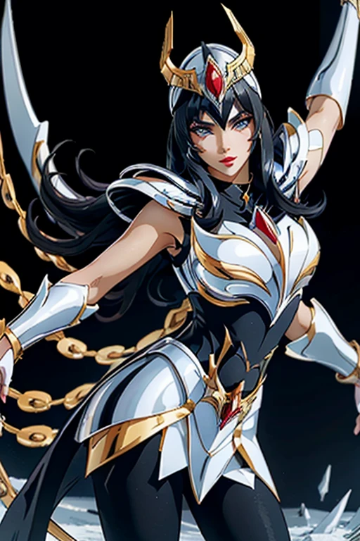 here is an adult European woman in a Penguin Armor , Saint Seiya , Penguin Black and White Armor, Dark hair, red lips, Eye shadow, natural makeup, long curved hait, beautiful chest, Second Life Avatar, Beautiful screenshot, Second Life, attractive woman, high quality, highly detailed skin, dynamic pose