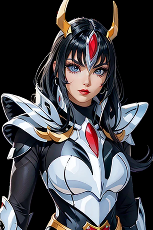 here is an adult European woman in a Penguin Armor , Saint Seiya , Penguin Black and White Armor, Dark hair, red lips, Eye shadow, natural makeup, long curved hait, beautiful chest, Second Life Avatar, Beautiful screenshot, Second Life, attractive woman, high quality, highly detailed skin, dynamic pose