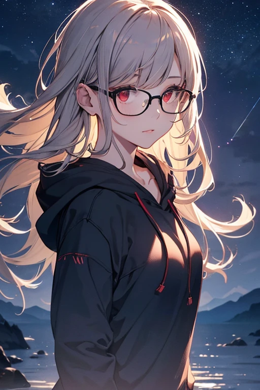 (best quality,4k,8k,highres,masterpiece:1.2),ultra-detailed,(realistic,photorealistic,photo-realistic:1.37),girl,black short hair,red eyes,glasses,star sky,alluring,night theme,hoodie,cosmic scenery,moonlit background,ethereal atmosphere,serene vibe,dreamlike aura,reflection on water,gentle breeze,splendid beauty[galaxy],shimmering stars[constellations],stunning visuals,epic backdrop,beaming gaze,mysterious aura,delicate features,true masterpiece,hint of romance,serenity in the dark[black hood],subtle glow,transcendent[eyeglasses],captivating essence,mesmerizing allure,nighttime elegance,spectacular night sky,vibrant colors[red eyes],deep sense of tranquility,luminous effect,enchanted ambiance,picturesque night scene[hair flowing],sunlit highlights[black hair],silhouette in the moonlight