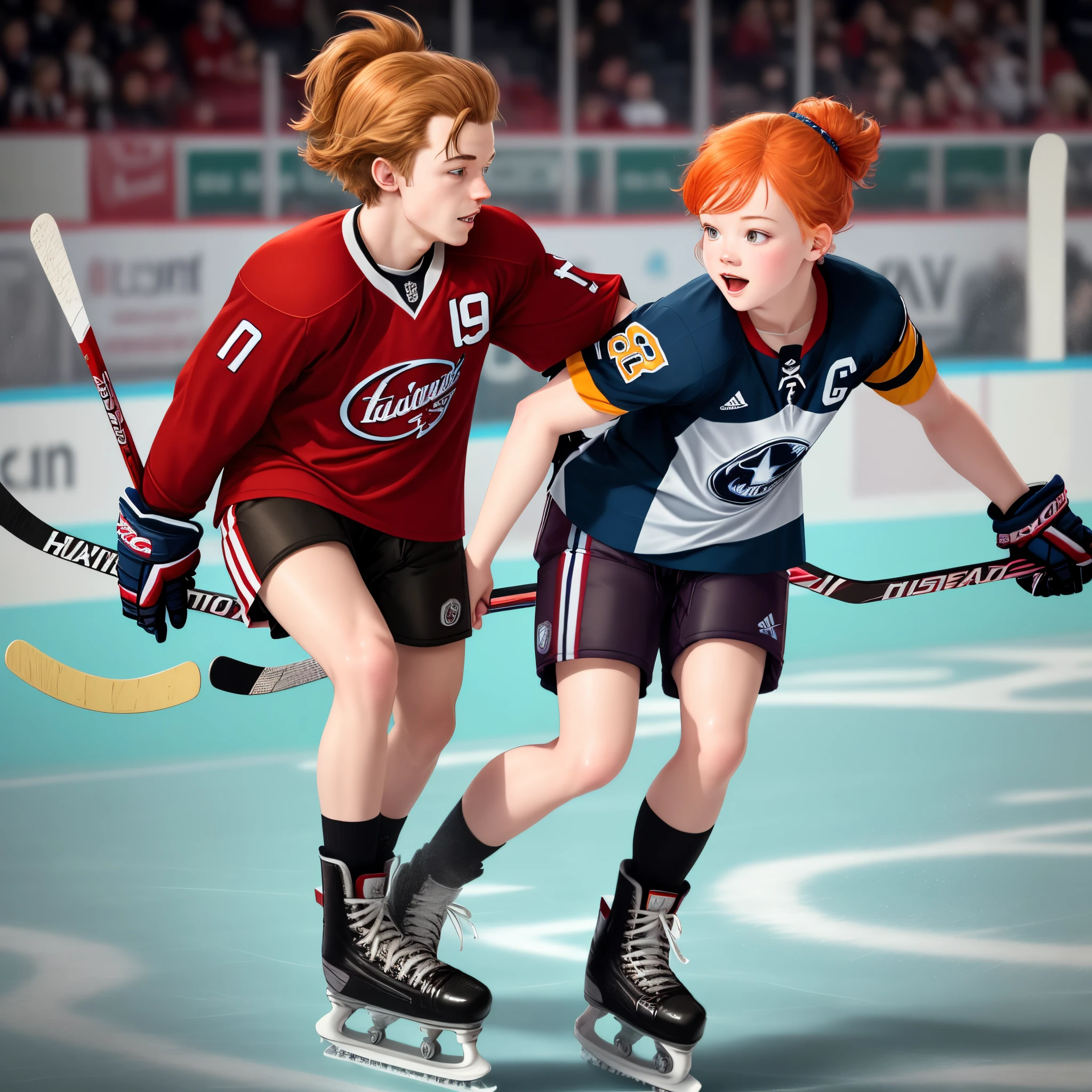I want to generate a picture of a ginger girl figure skating with Harry styles a hockey player