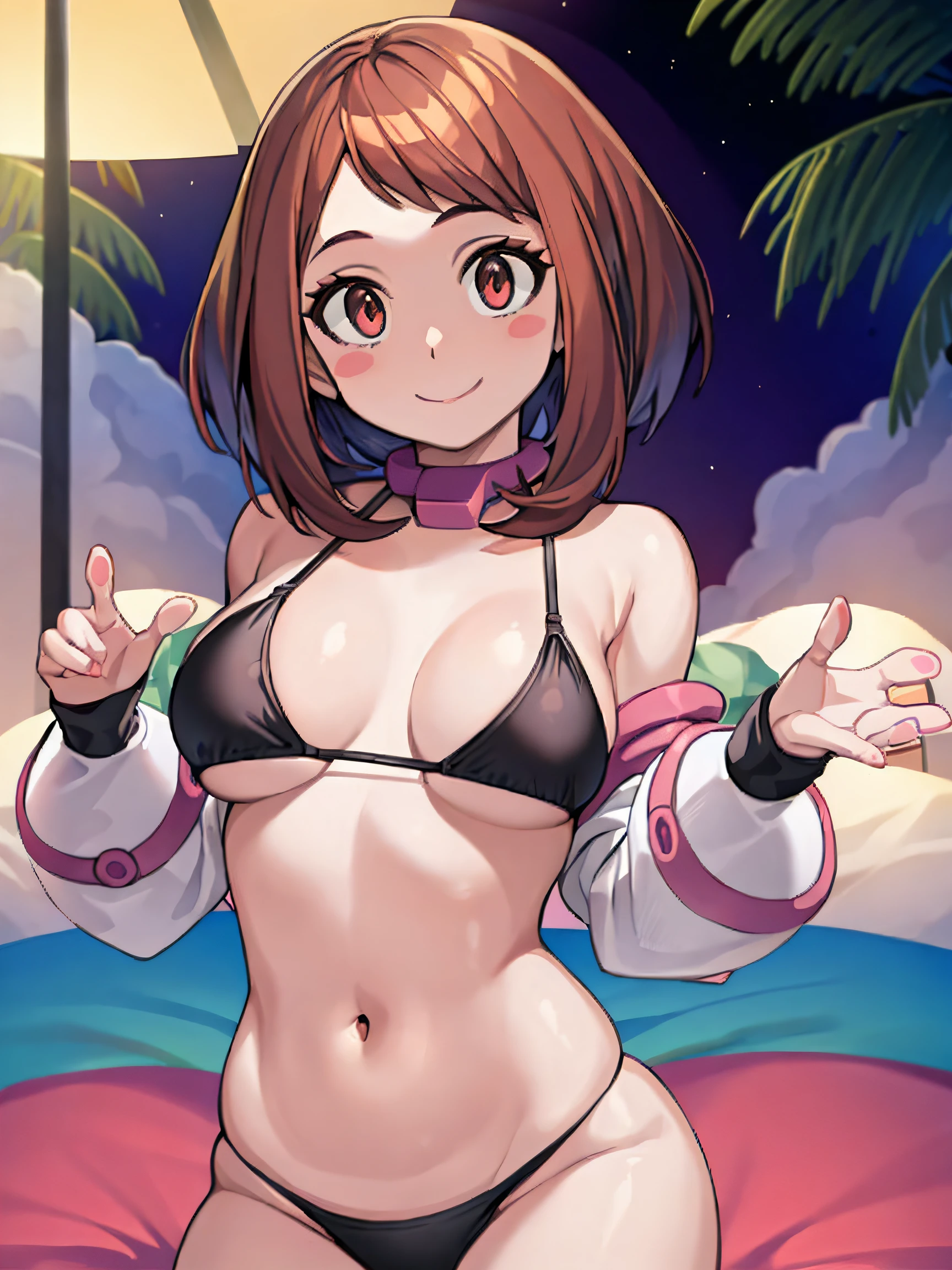 Un hermoso y detallado retrato de personaje de Ochako, brown-hair, sonrisa, solo,, sombreado, night, sentarse, bed, bikini, breasts, belly