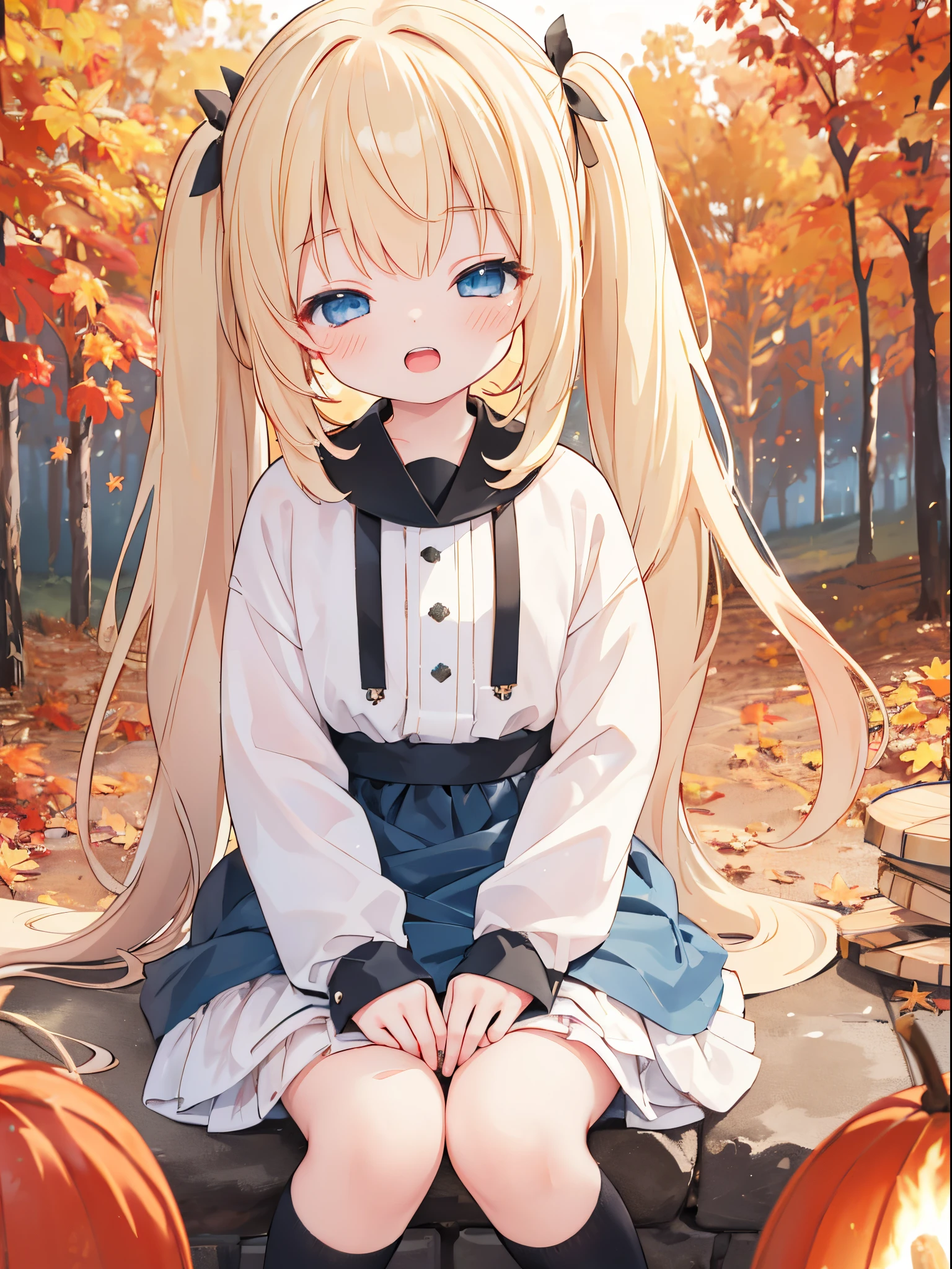 ((4K, ​master piece, Best Quality)),  s,pale blond hair, Blue eyes,very long twintails,Laugh,double tooth,Closed eyes,Looking at Viewer,Lens Flare, autumn, camp, bonfire