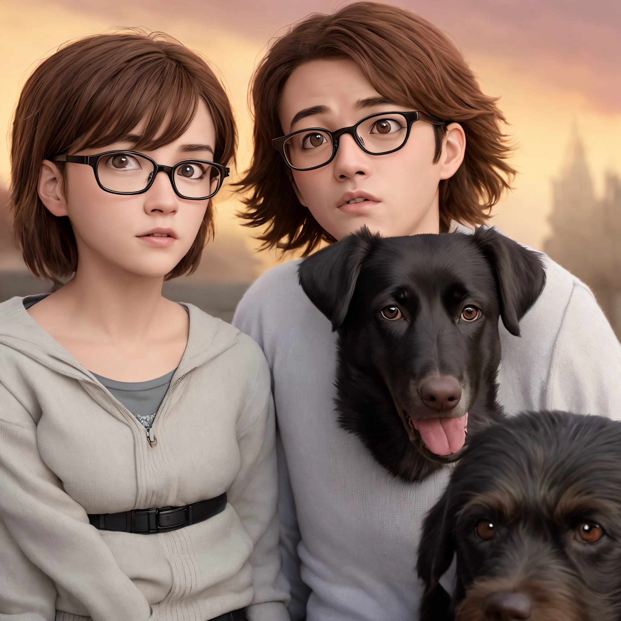 Pixar-style film cover featuring a white protagonist wearing glasses and brown hair and a black dog