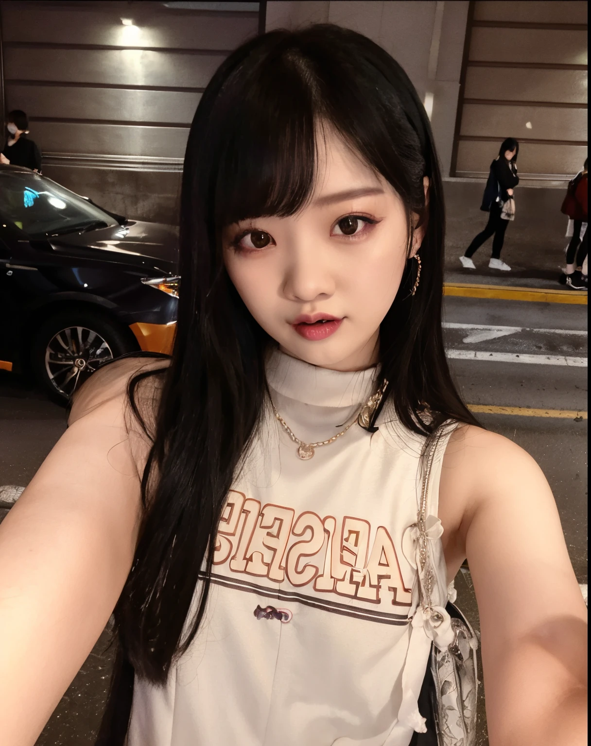 arafed woman taking a selfie in a parking lot at night, ulzzang, cruel korean goth girl, korean girl, jossi of blackpink, jinyoung shin, blackpink jennie, kanliu666, lalisa manoban of blackpink, heonhwa choe, jaeyeon nam, portrait of jossi of blackpink, she has black hair with bangs