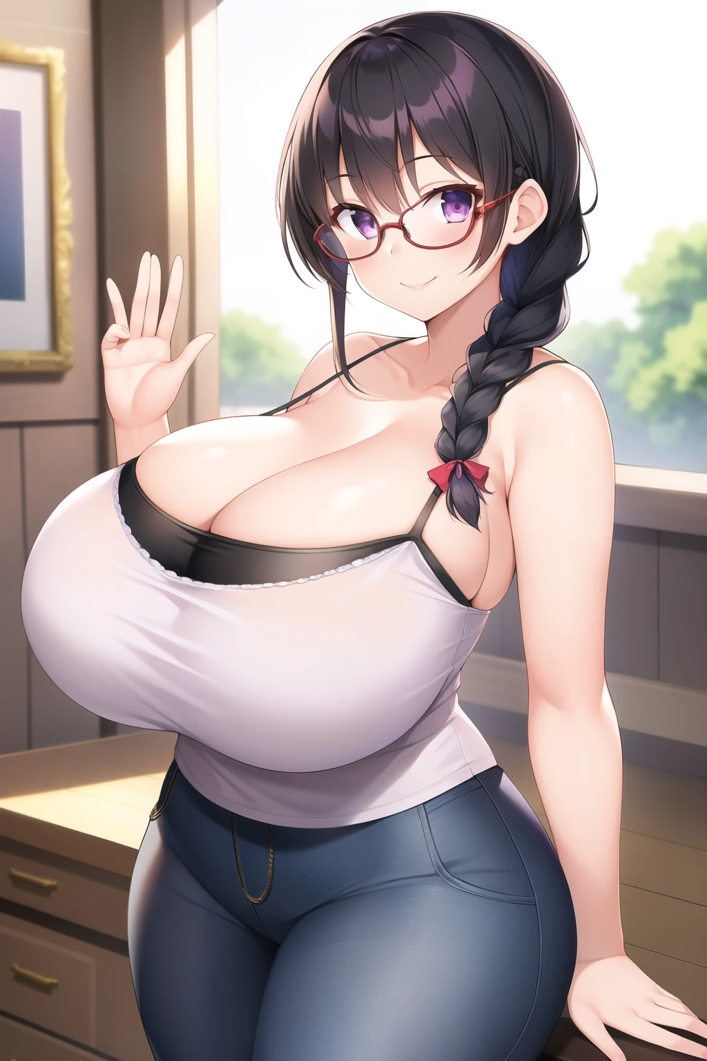 masterpiece, 1girl, huge breasts, black hair, braid, purple eyes, glasses, camisole, looking at viewer, smile, stand