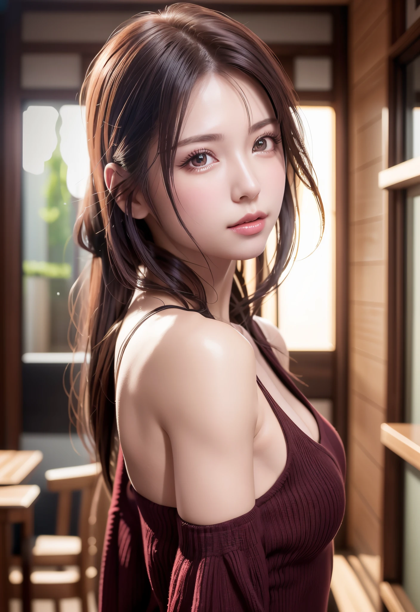 Best Quality, masutepiece, 超A high resolution, (Photorealistic: 1.4), Raw photo, 1girl in, off shoulders, Cinematic lighting, Kiss Pose, Heterochromia