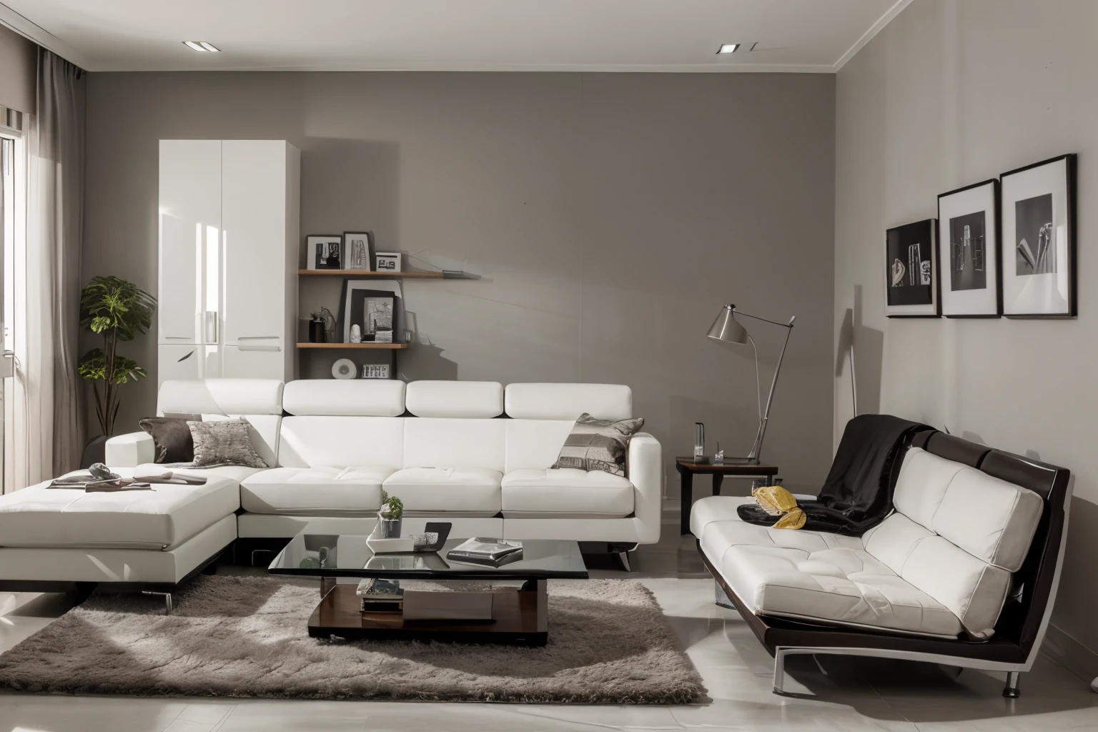 Vislumbre um ultramoderno, Double-use living room that optimizes space and integrates advanced technology. Features of the compact room, wall-mounted smart sofa that can be controlled through an app, elegante, Mesa flutuante com carregamento sem fio integrado, Janela de vidro inteligente que ajusta sua tonalidade com base na hora do dia. The style is ultra-modern, High-tech furniture, Smart lighting that syncs with your sleep cycle, and a monochrome color scheme. The composition is wide-angle, for the efficient use of space and technology. Use photographic hyperrealism, altamente detalhado, and high-resolution 16k. –AR 16:9 –V 5.2 – Raw Style