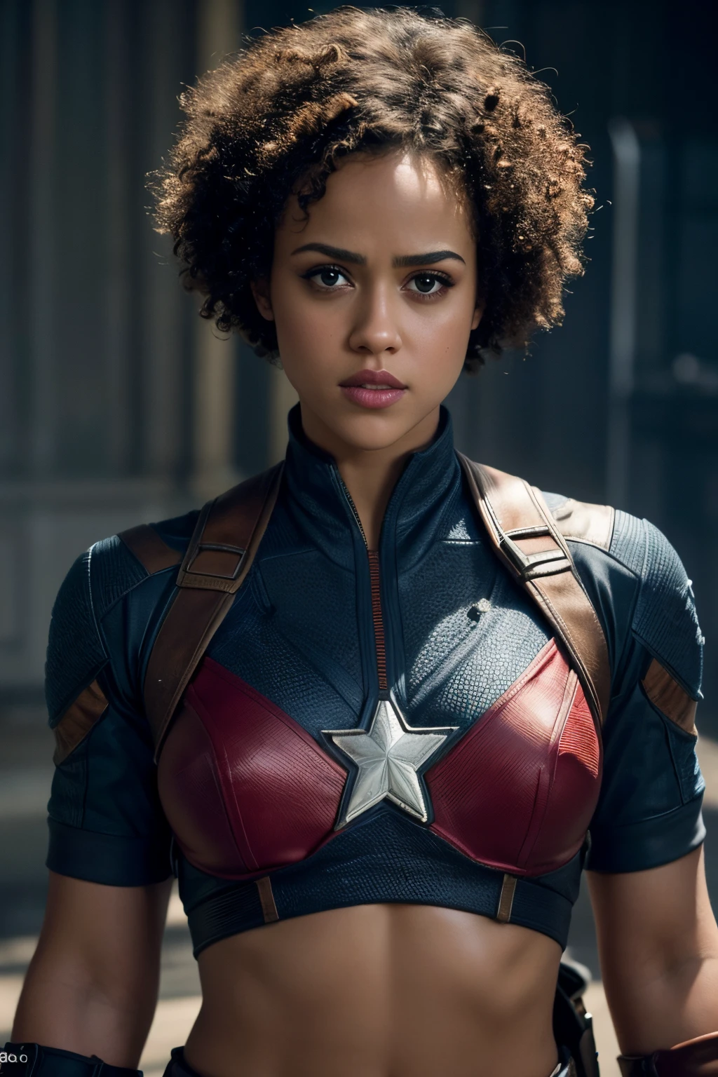 high quality,4k,8k,masterpiece:1.2,ultra-detailed,Photorealistic physics-based,beautiful detailed eyes and face,sexy detailed lips, Nathalie Emmanuel in Captain America costume