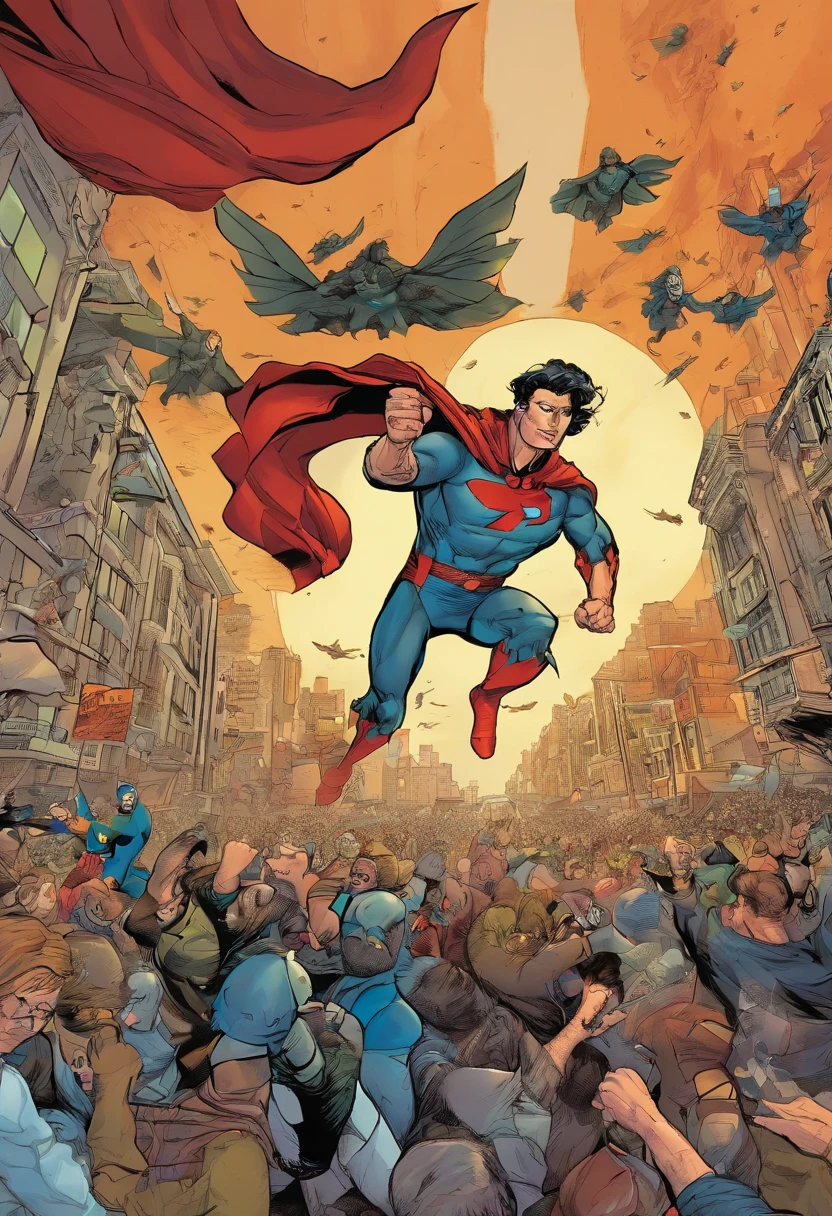 super hero battling a villain flying above the street of the city with frightened citizens looking up.
