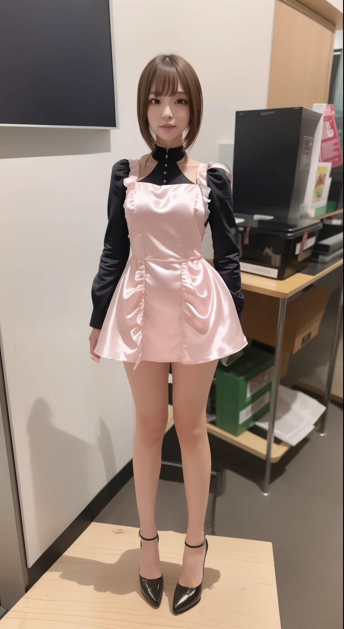f the highest quality, Slender body Idol, front facing, Well-proportioned body, exhibition, Event Hall, Moe Pose, no sleeve pink satin maid Dress, Standing with legs open, Model body type