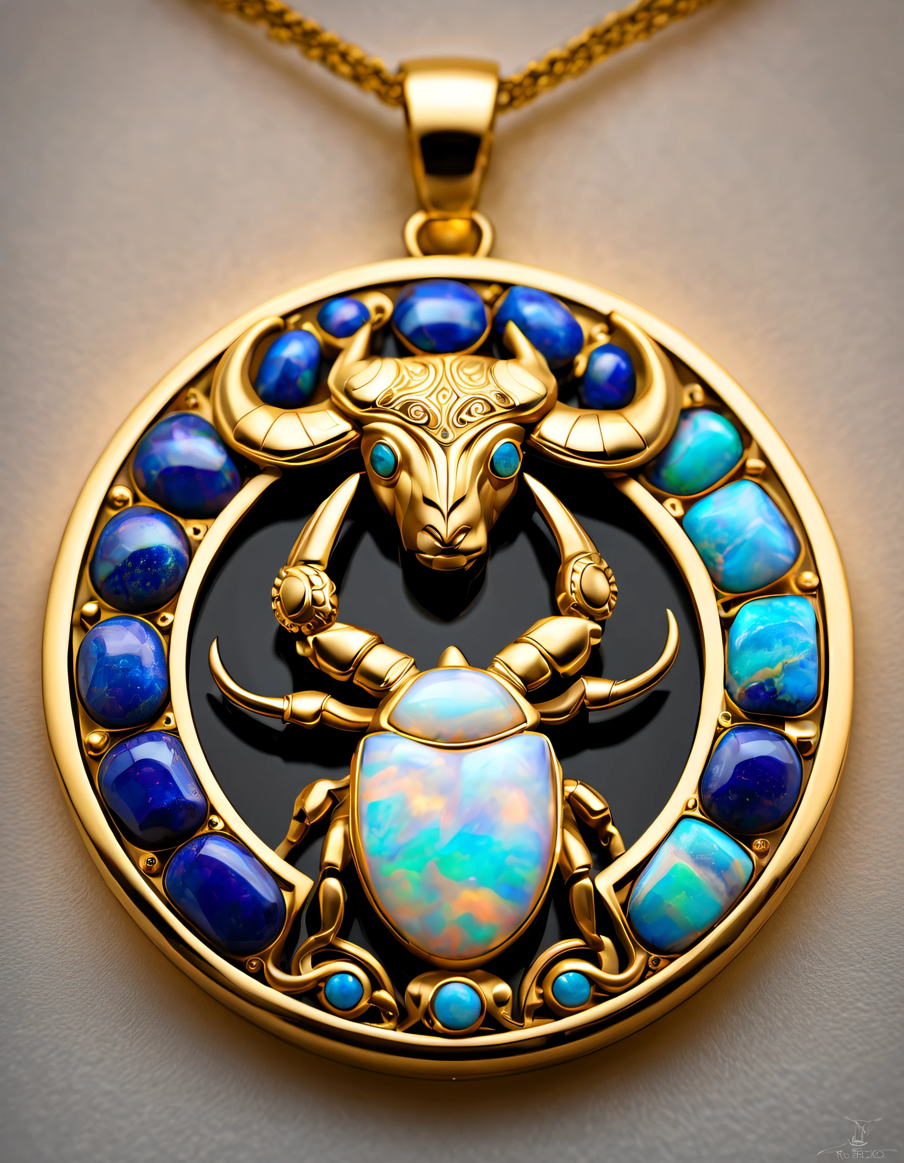 Item design, pendant design, Logo design， (A pendant design for Taurus), （Set double opal）, Black gold border, lapis lazuli，turquesa，black shell，Cancer symbol, Golden little crab, Van Cleef & Arpels & alpes , cartier, Background with: The white,The content is very detailed, Best quality, tmasterpiece, A high resolution, hyper realisitc, 8K, Cyclic lighting,