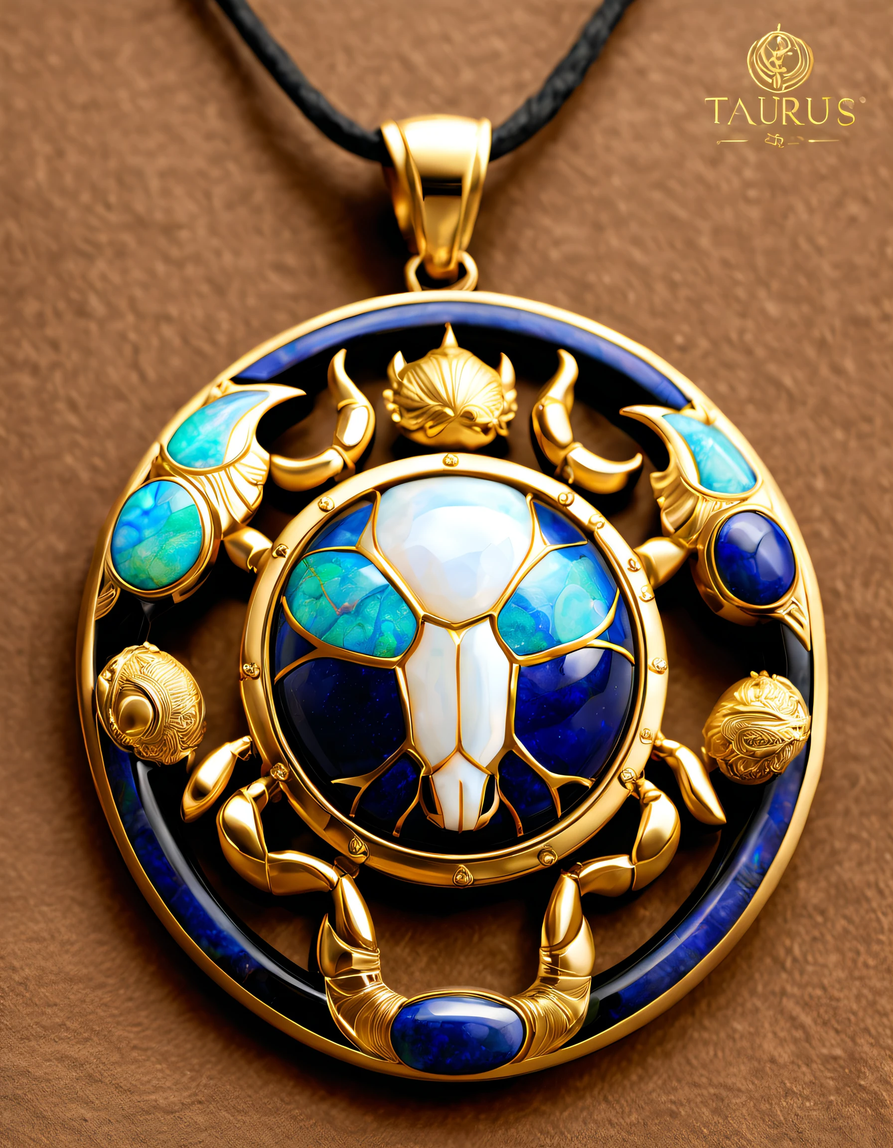 Item design, pendant design, Logo design， (A pendant design for Taurus), （Set double opal）, Black gold border, lapis lazuli，turquesa，black shell，Cancer symbol, Golden little crab, Van Cleef & Arpels & alpes , cartier, Background with: The white,The content is very detailed, Best quality, tmasterpiece, A high resolution, hyper realisitc, 8K, Cyclic lighting,