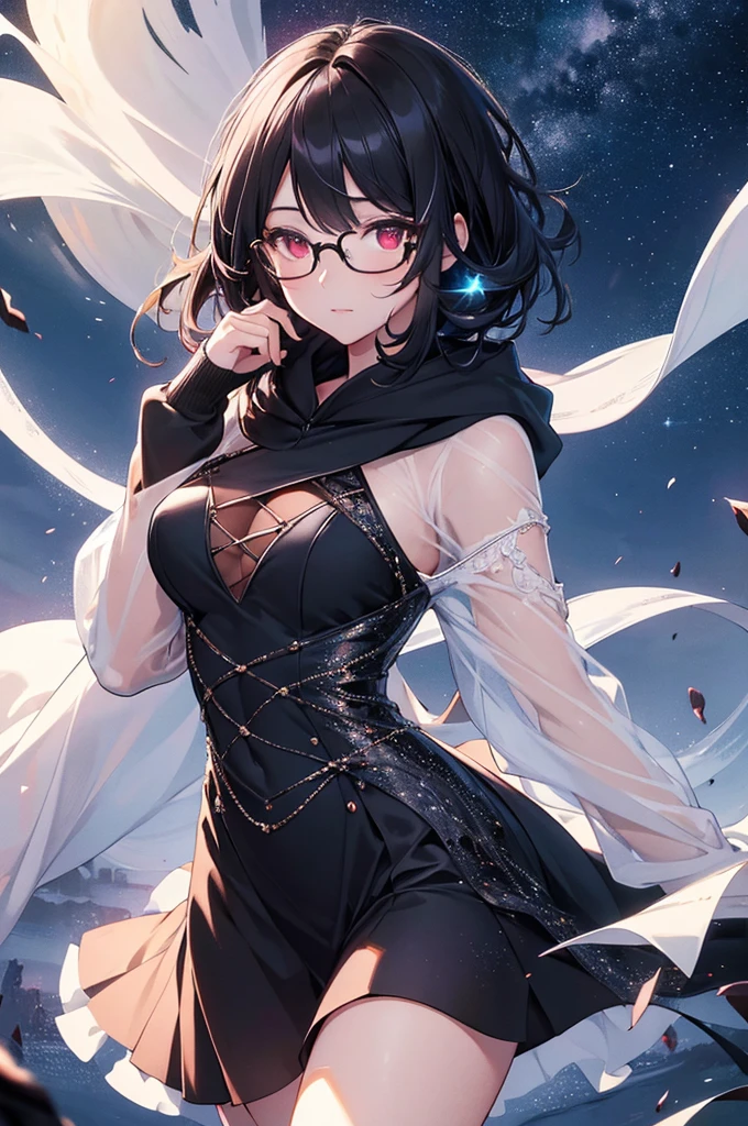 (best quality,4k,8k,highres,masterpiece:1.2),ultra-detailed,(realistic,photorealistic,photo-realistic:1.37),girl,black short hair,red eyes,glasses,star sky,alluring,night theme,hoodie,cosmic scenery,moonlit background,ethereal atmosphere,serene vibe,dreamlike aura,reflection on water,gentle breeze,splendid beauty[galaxy],shimmering stars[constellations],stunning visuals,epic backdrop,beaming gaze,mysterious aura,delicate features,true masterpiece,hint of romance,serenity in the dark[black hood],subtle glow,transcendent[eyeglasses],captivating essence,mesmerizing allure,nighttime elegance,spectacular night sky,vibrant colors[red eyes],deep sense of tranquility,luminous effect,enchanted ambiance,picturesque night scene[hair flowing],sunlit highlights[black hair],silhouette in the moonlight