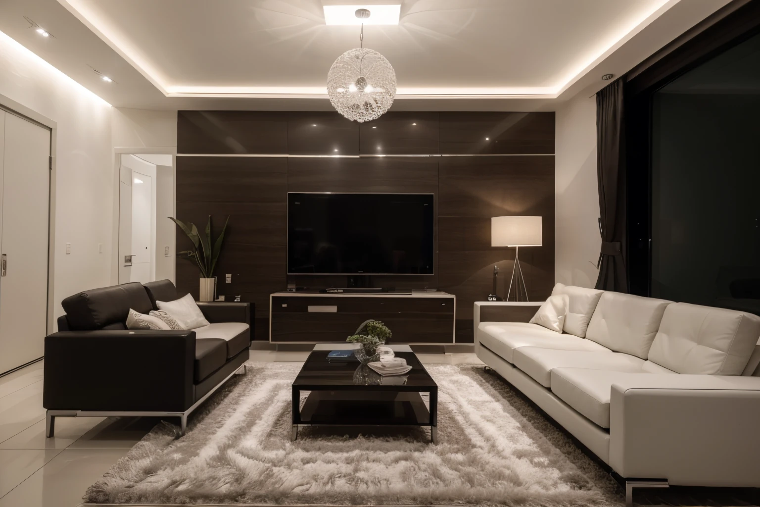 Vislumbre um ultramoderno, Double-use living room that optimizes space and integrates advanced technology. Features of the compact room, wall-mounted smart sofa that can be controlled through an app, elegante, Mesa flutuante com carregamento sem fio integrado, Janela de vidro inteligente que ajusta sua tonalidade com base na hora do dia. The style is ultra-modern, High-tech furniture, Smart lighting that syncs with your sleep cycle, and a monochrome color scheme. The composition is wide-angle, for the efficient use of space and technology. Use photographic hyperrealism, altamente detalhado, and high-resolution 16k. –AR 16:9 –V 5.2 – Raw Style